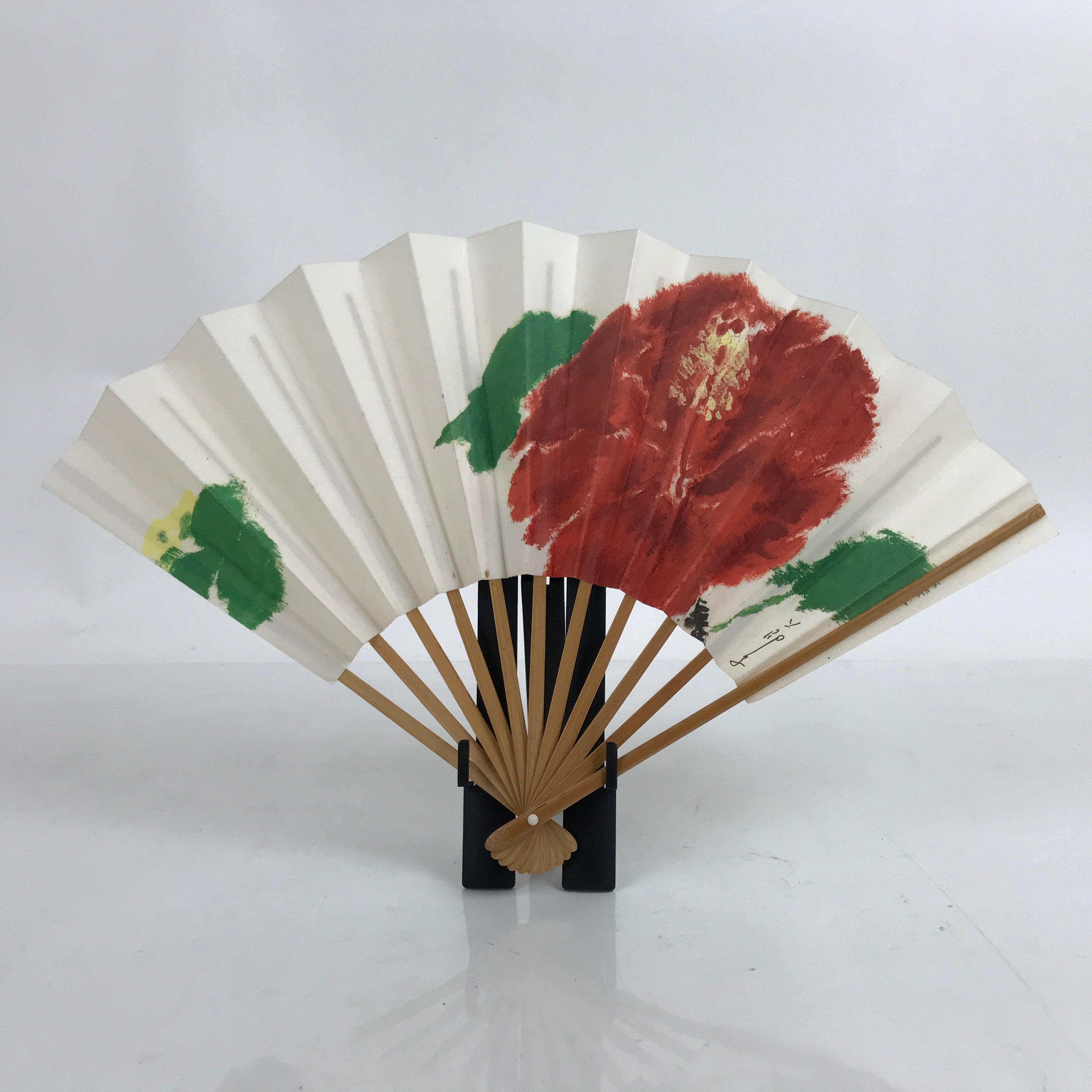 Japanese Paper Folding Fan Sensu Vtg Bamboo Frame Red Flower W/ Stand Box 4D867