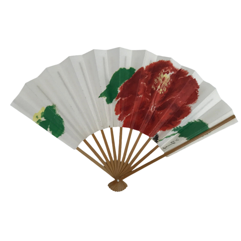 Japanese Paper Folding Fan Sensu Vtg Bamboo Frame Red Flower W/ Stand Box 4D867