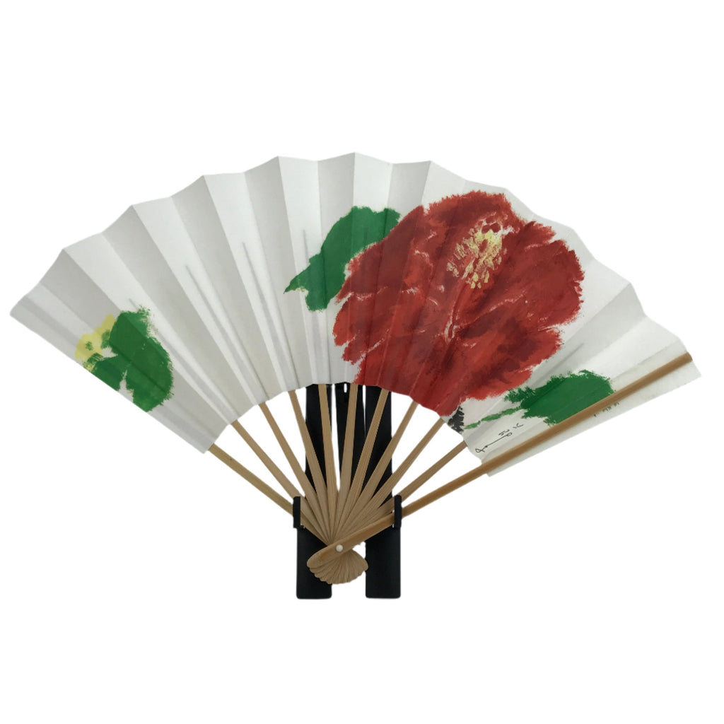 Japanese Paper Folding Fan Sensu Vtg Bamboo Frame Red Flower W/ Stand Box 4D870