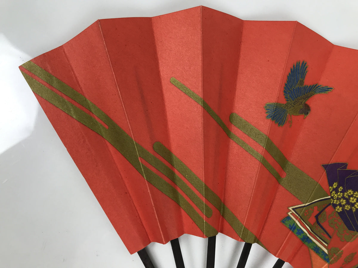 Japanese Paper Folding Fan Sensu Vtg Bamboo Frame Red Kimono Woman Flute 5D26