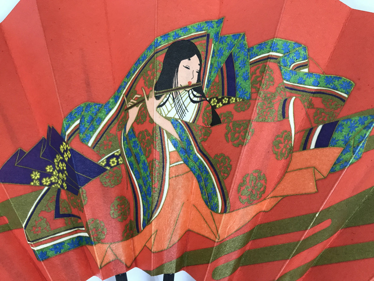 Japanese Paper Folding Fan Sensu Vtg Bamboo Frame Red Kimono Woman Flute 5D26