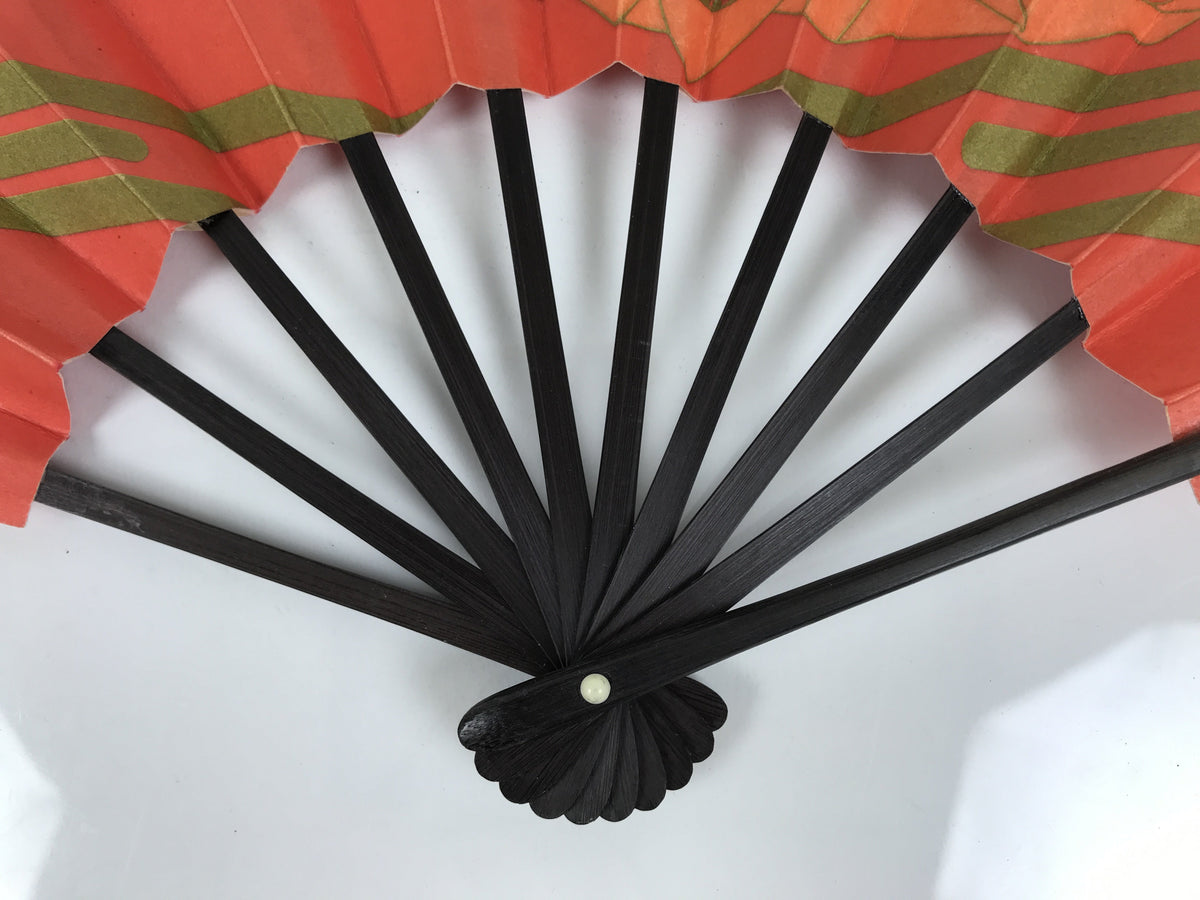 Japanese Paper Folding Fan Sensu Vtg Bamboo Frame Red Kimono Woman Flute 5D26