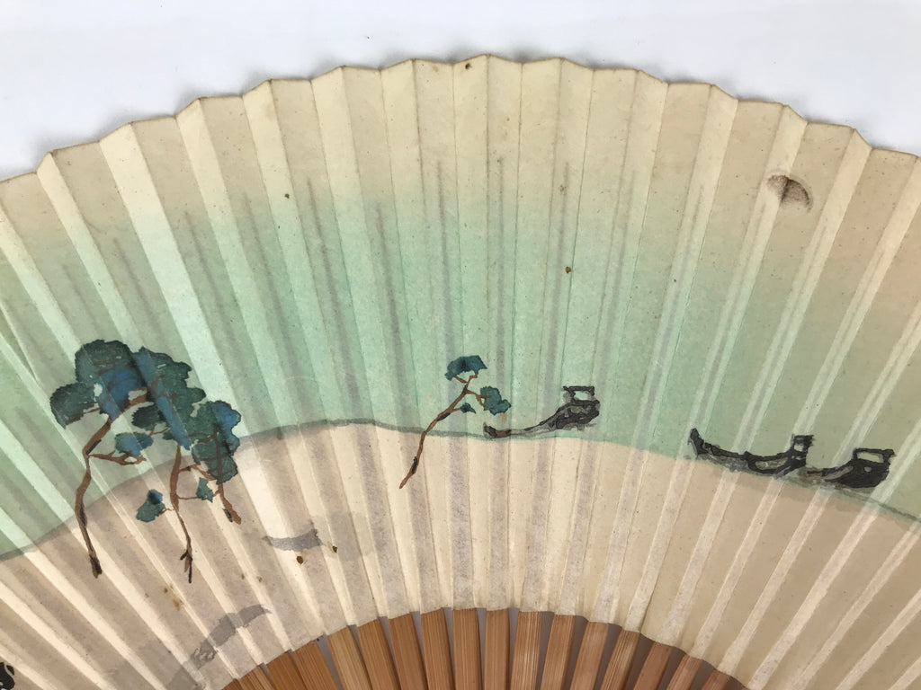 Japanese Paper Folding Fan Sensu Vtg Bamboo Frame Riverside Boats Green 4D975