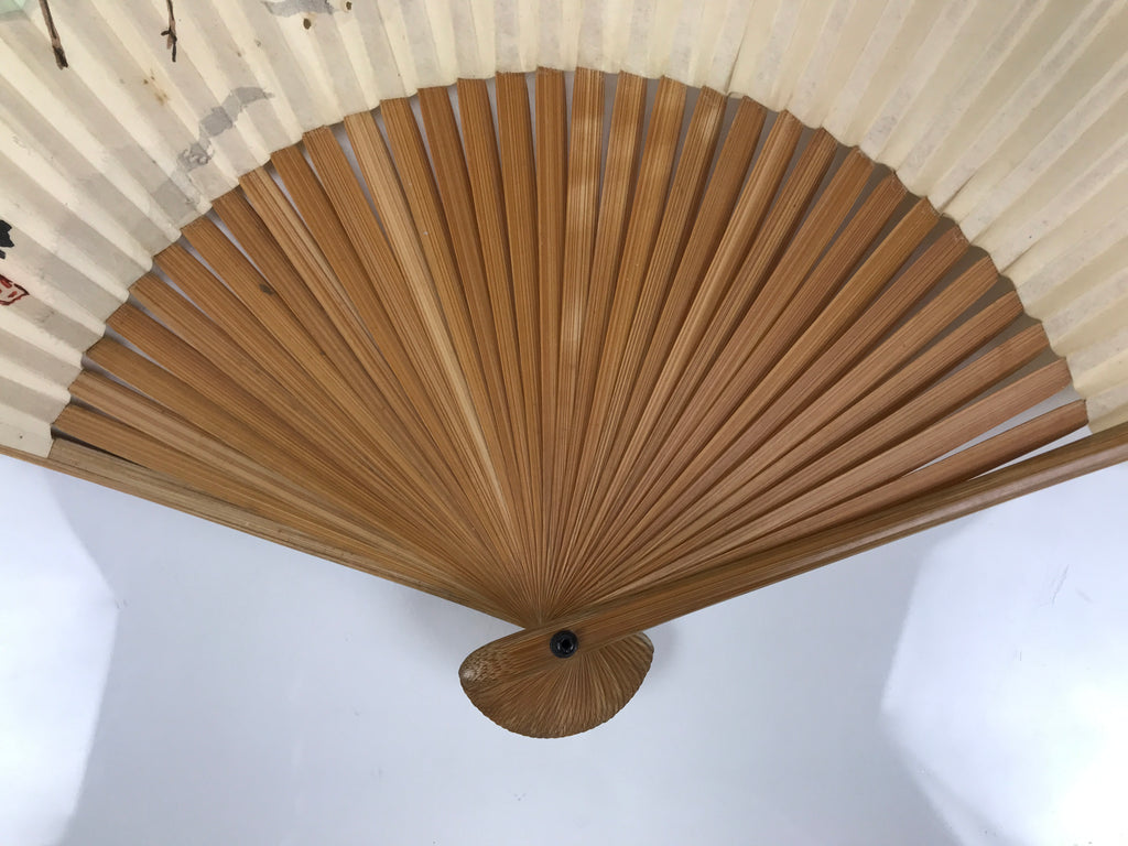 Japanese Paper Folding Fan Sensu Vtg Bamboo Frame Riverside Boats Green 4D975
