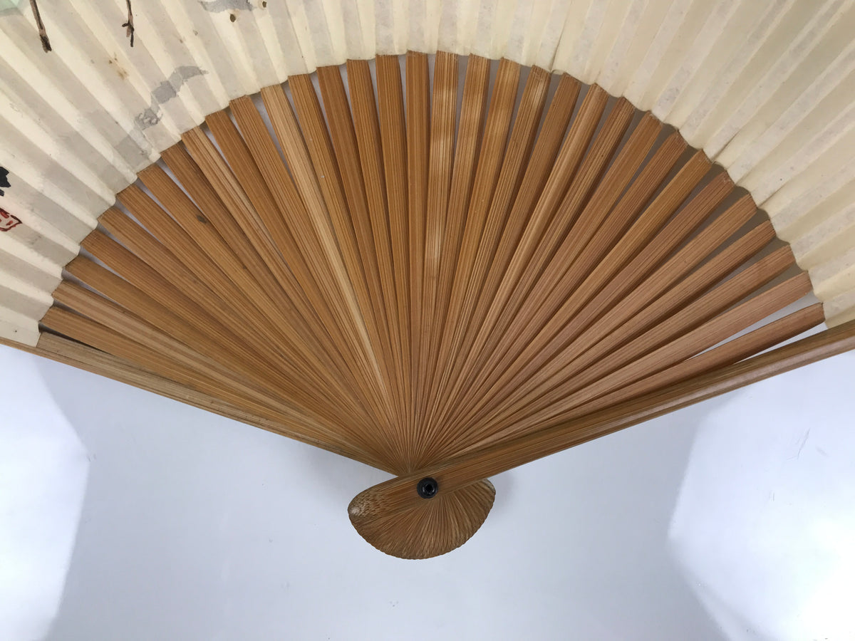 Japanese Paper Folding Fan Sensu Vtg Bamboo Frame Riverside Boats Green 4D975