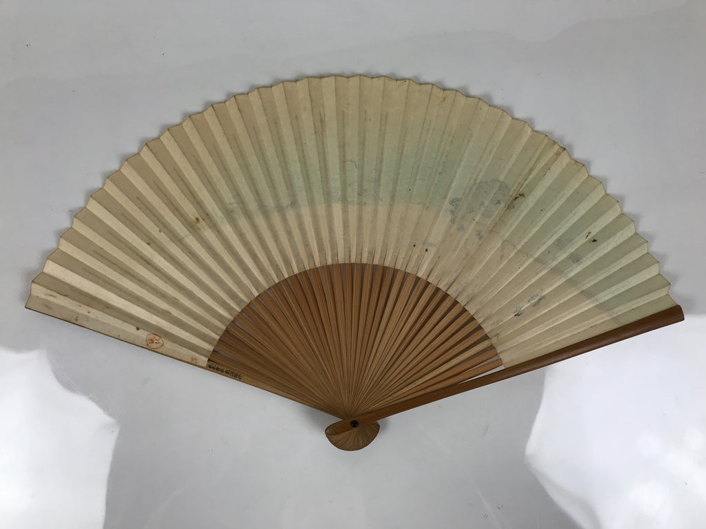 Japanese Paper Folding Fan Sensu Vtg Bamboo Frame Riverside Boats Green 4D975