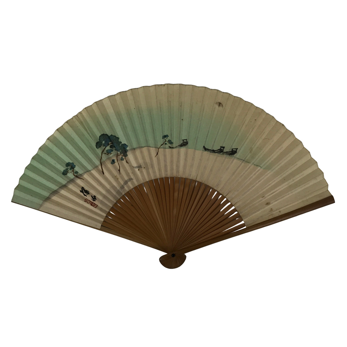 Japanese Paper Folding Fan Sensu Vtg Bamboo Frame Riverside Boats Green 4D975