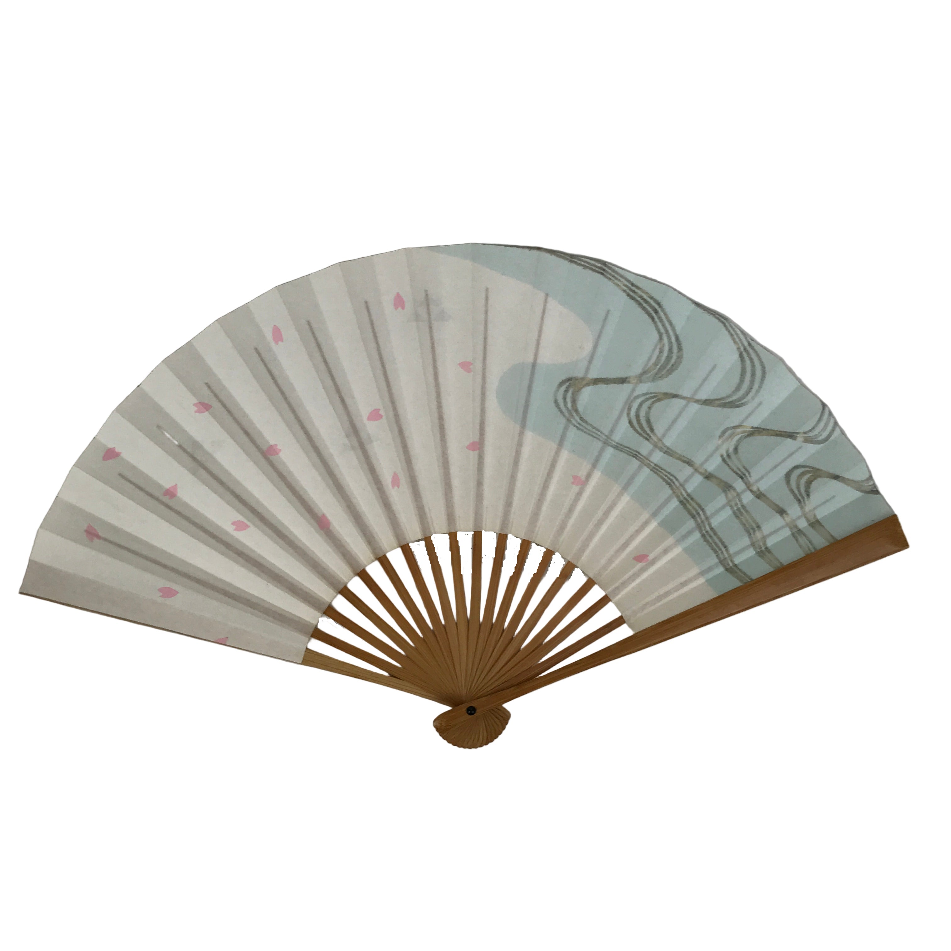 Japanese Paper Folding Fan Sensu Vtg Bamboo Frame Sakura Petal Water Wave 4D954