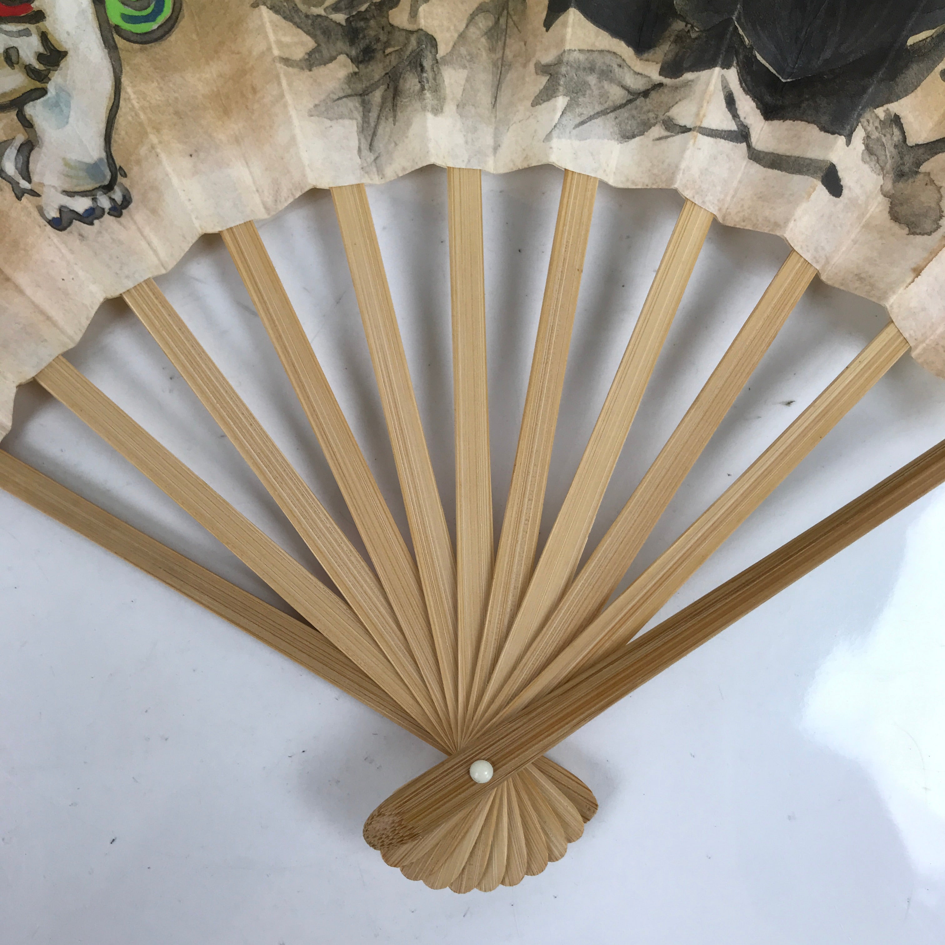 Japanese Paper Folding Fan Sensu Vtg Bamboo Frame Shishi Lion Black Flower 4D872