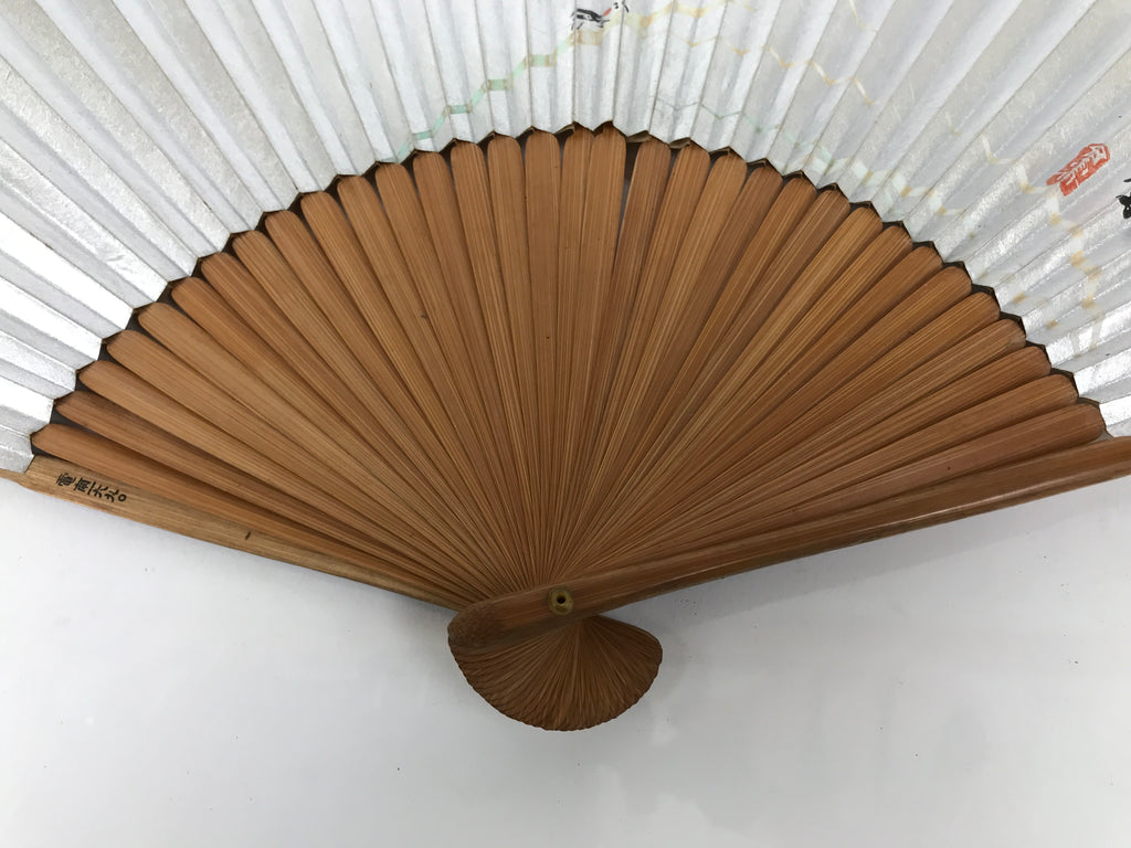 Japanese Paper Folding Fan Sensu Vtg Bamboo Frame Silver Firefly Leaves 4D933
