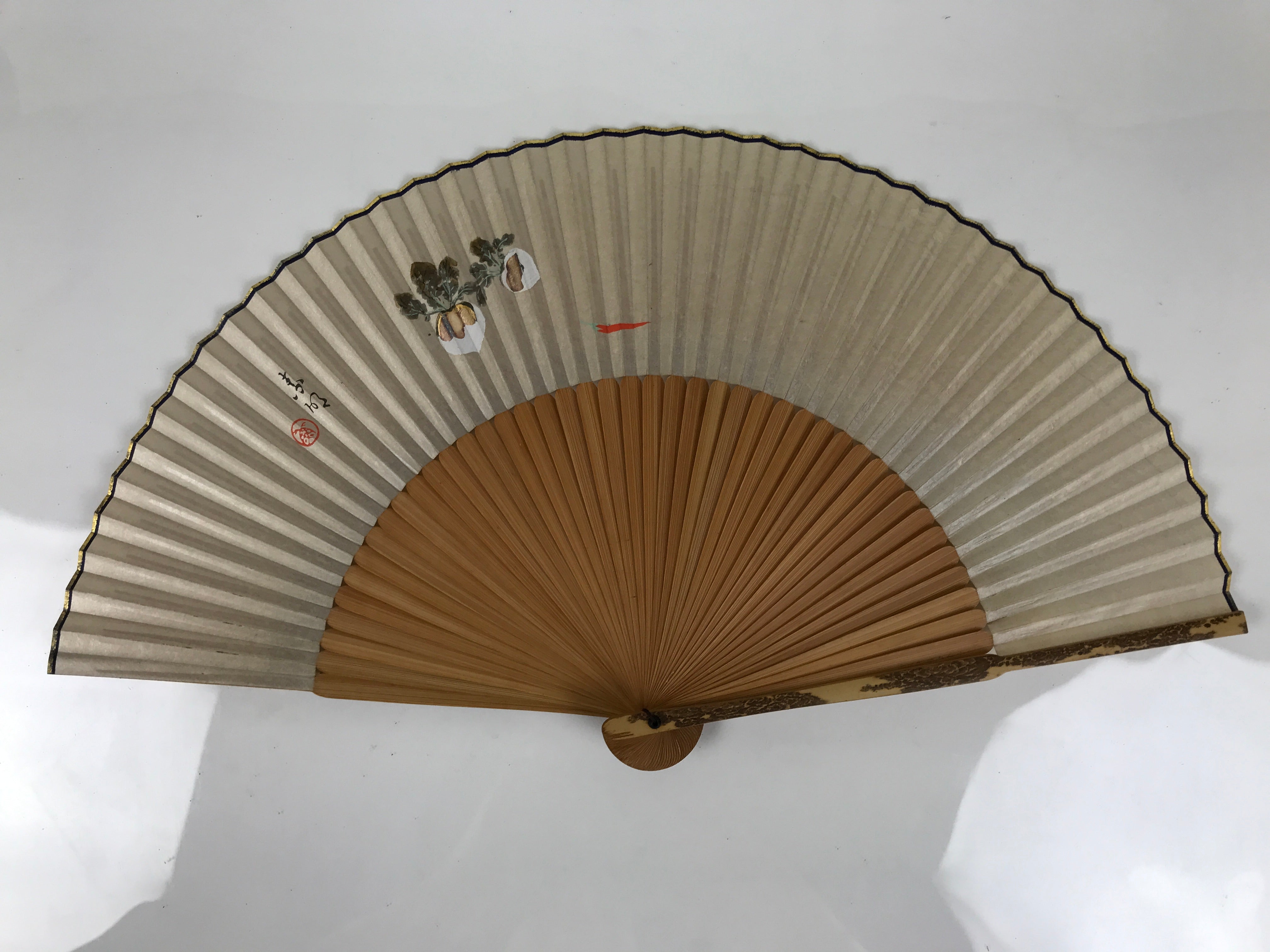 Japanese Paper Folding Fan Sensu Vtg Bamboo Frame Silver Turnips Pepper 4D912