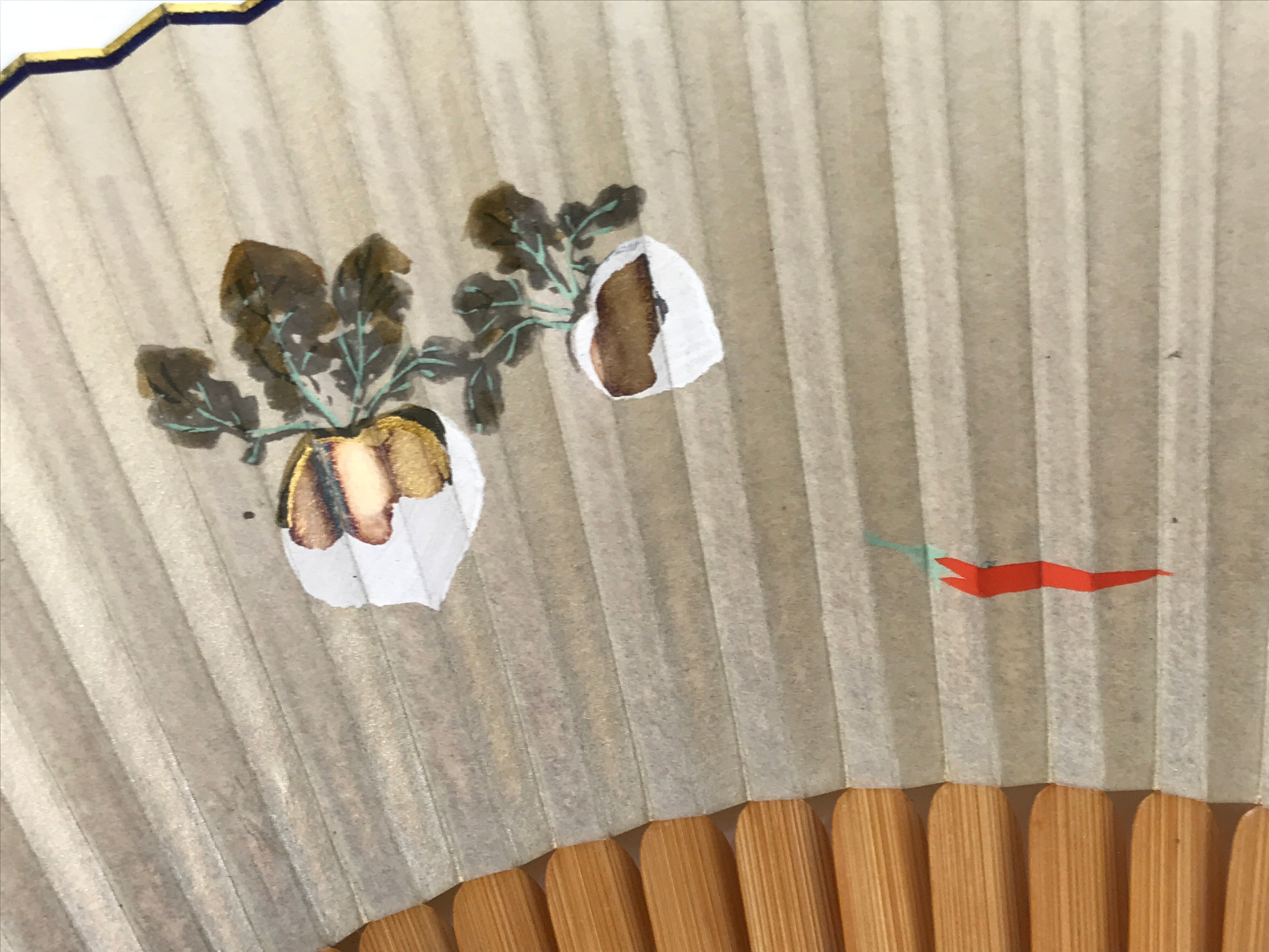 Japanese Paper Folding Fan Sensu Vtg Bamboo Frame Silver Turnips Pepper 4D912