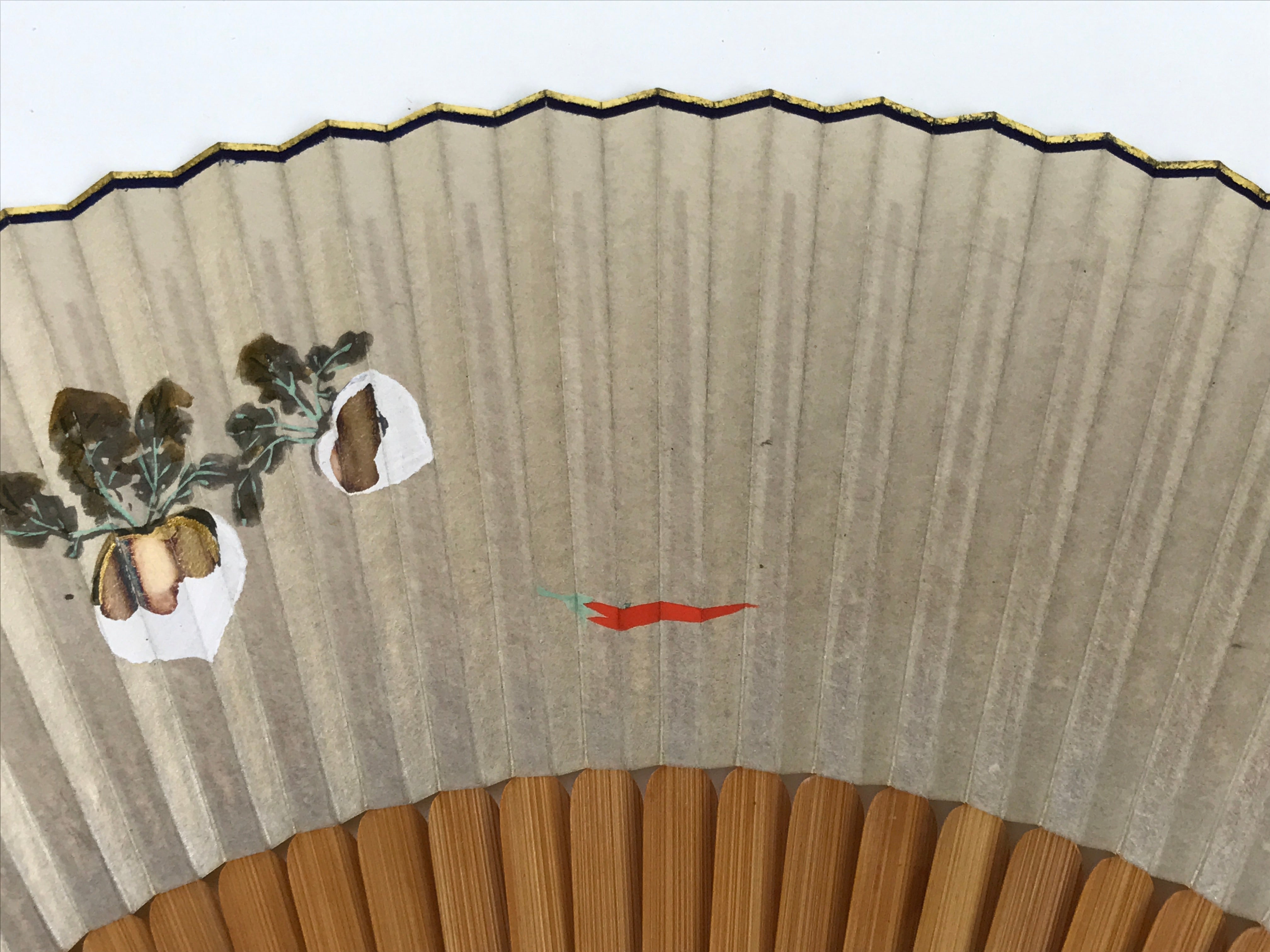 Japanese Paper Folding Fan Sensu Vtg Bamboo Frame Silver Turnips Pepper 4D912