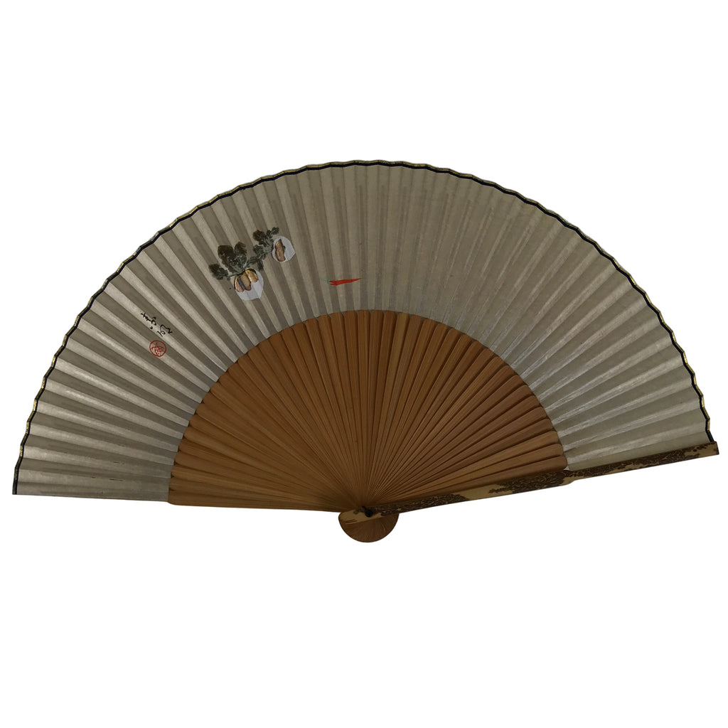 Japanese Paper Folding Fan Sensu Vtg Bamboo Frame Silver Turnips Pepper 4D912