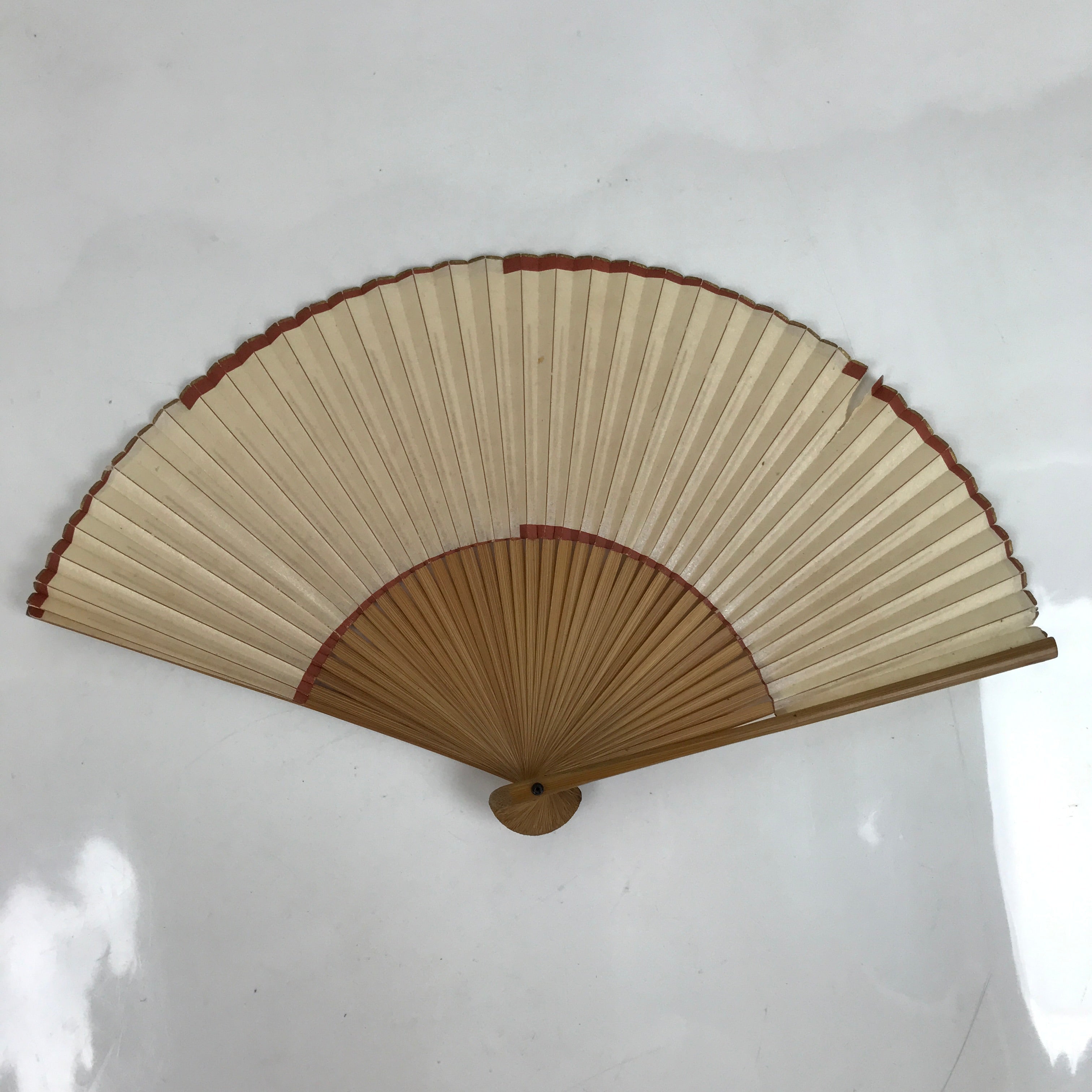 Japanese Paper Folding Fan Sensu Vtg Bamboo Frame Simple Beige Red 4D860