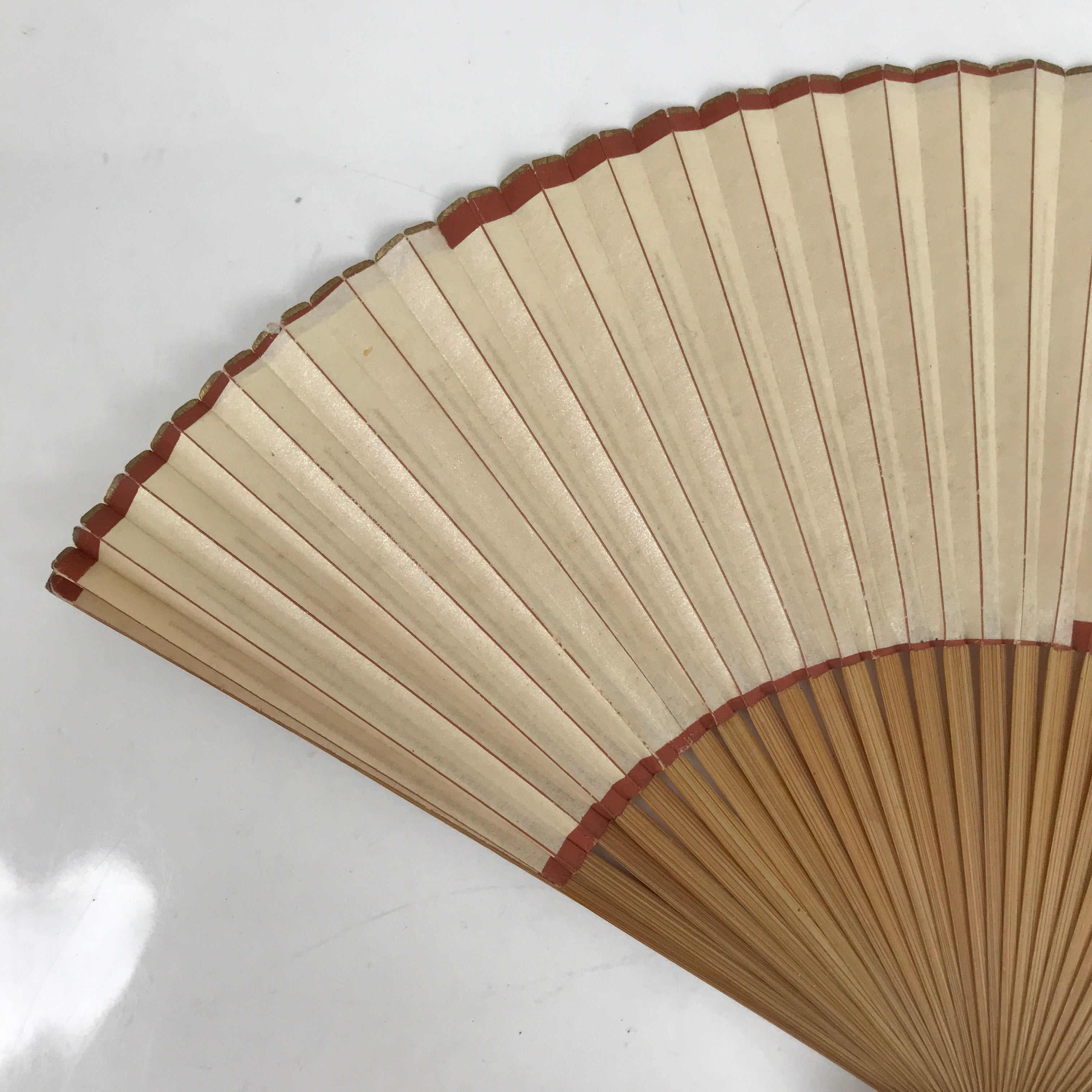 Japanese Paper Folding Fan Sensu Vtg Bamboo Frame Simple Beige Red 4D860