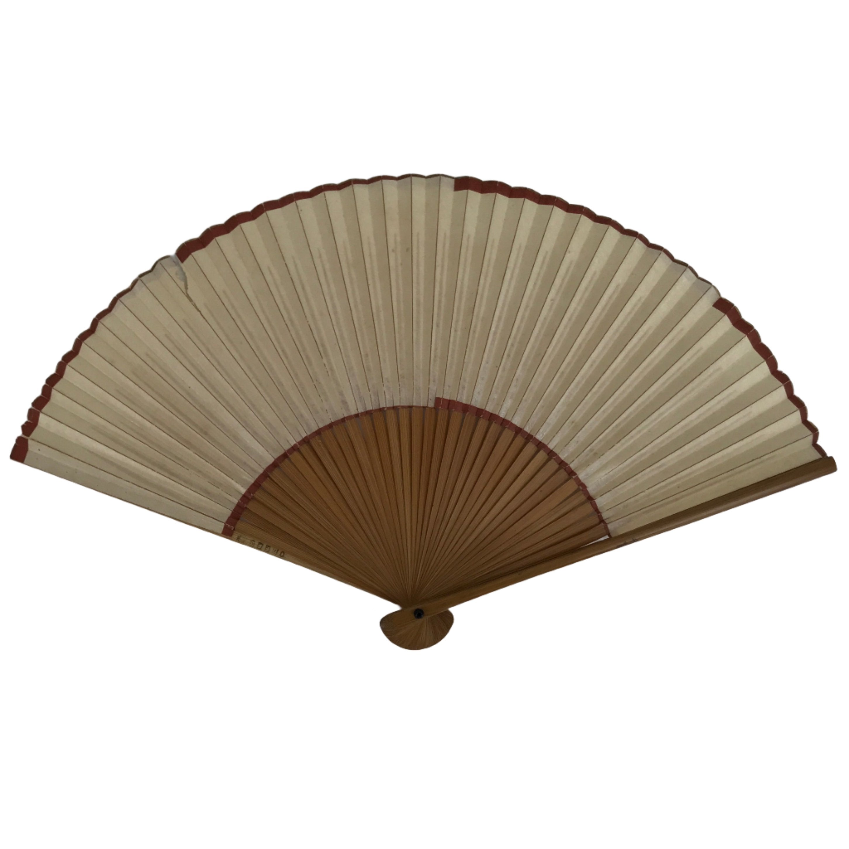 Japanese Paper Folding Fan Sensu Vtg Bamboo Frame Simple Beige Red 4D860