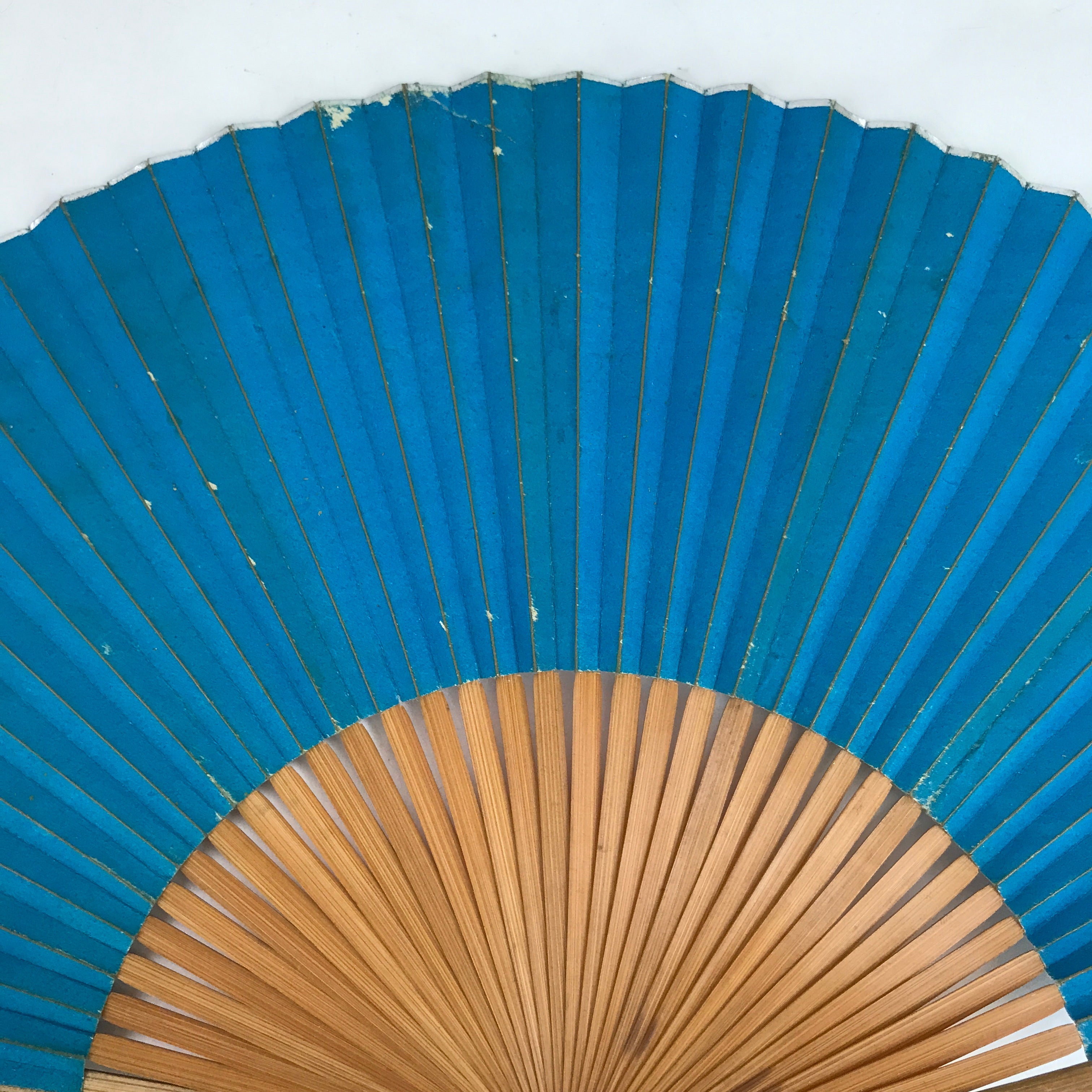 Japanese Paper Folding Fan Sensu Vtg Bamboo Frame Simple Blue Silver 4D840