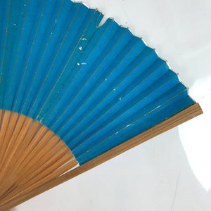 Japanese Paper Folding Fan Sensu Vtg Bamboo Frame Simple Blue Silver 4D840