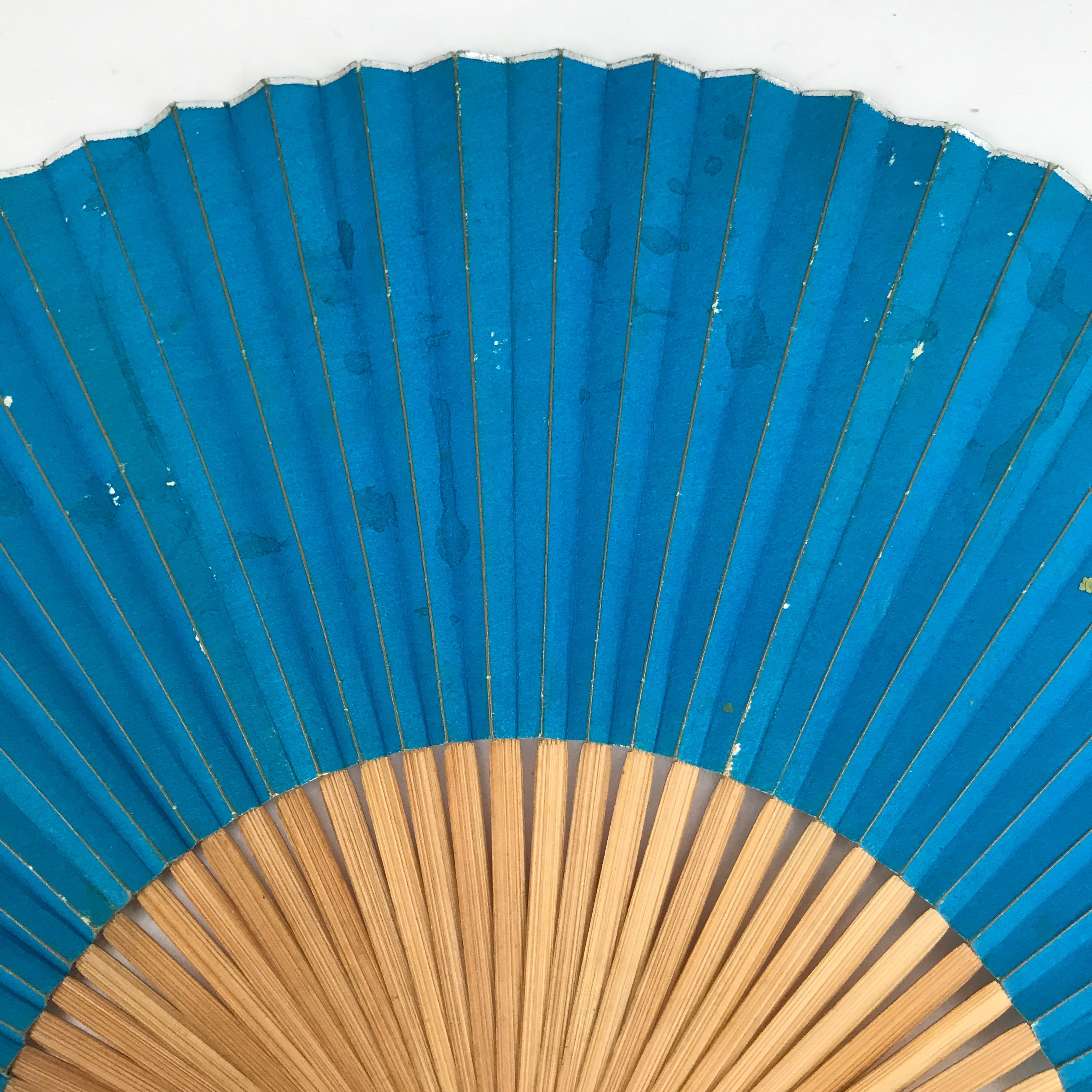 Japanese Paper Folding Fan Sensu Vtg Bamboo Frame Simple Blue Silver 4D840