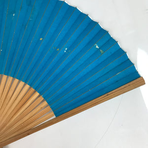 Japanese Paper Folding Fan Sensu Vtg Bamboo Frame Simple Blue Silver 4D840