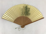Japanese Paper Folding Fan Sensu Vtg Bamboo Frame Take Leaves Beige Green 4D764