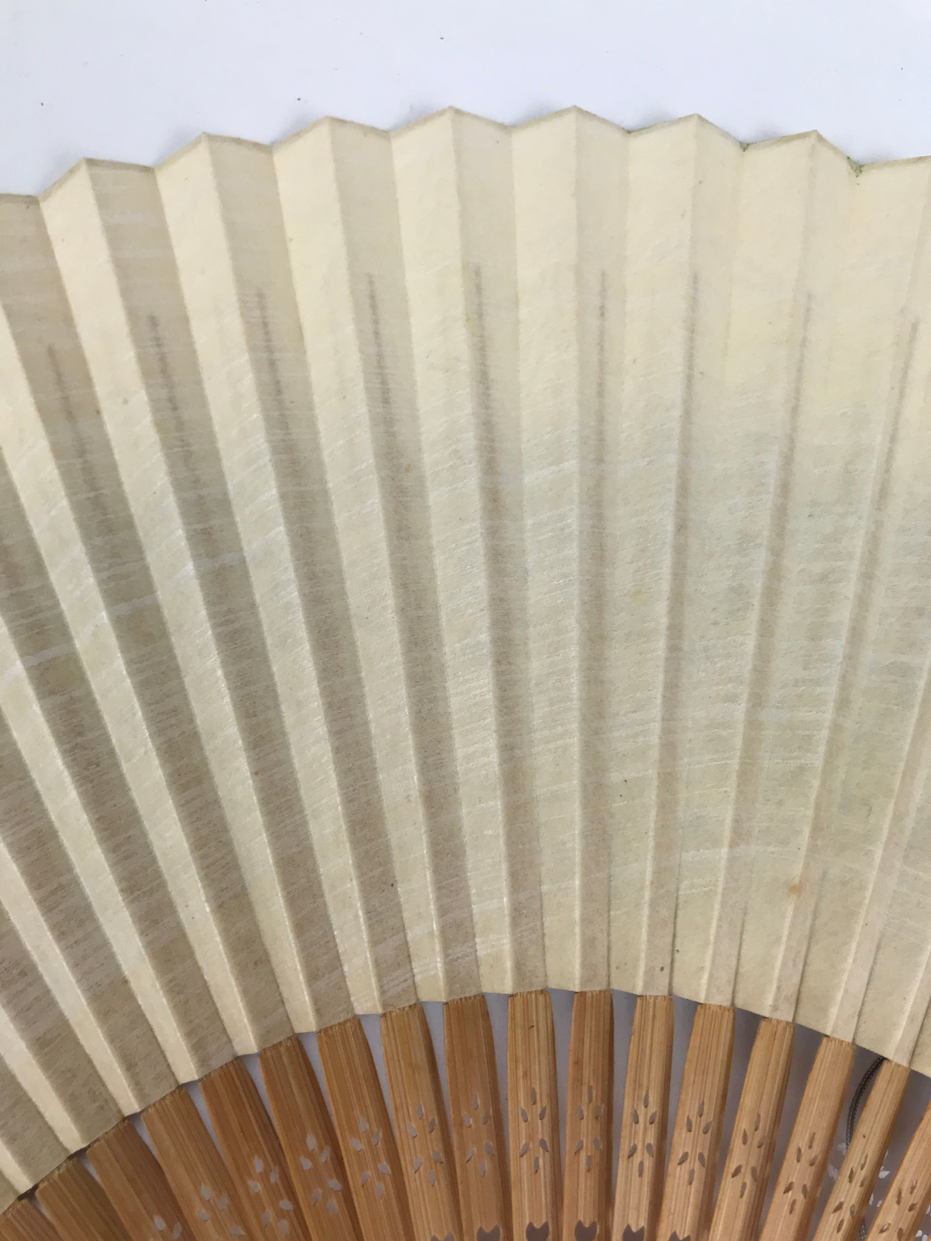 Japanese Paper Folding Fan Sensu Vtg Bamboo Frame Take Leaves Blue Beige 4D903