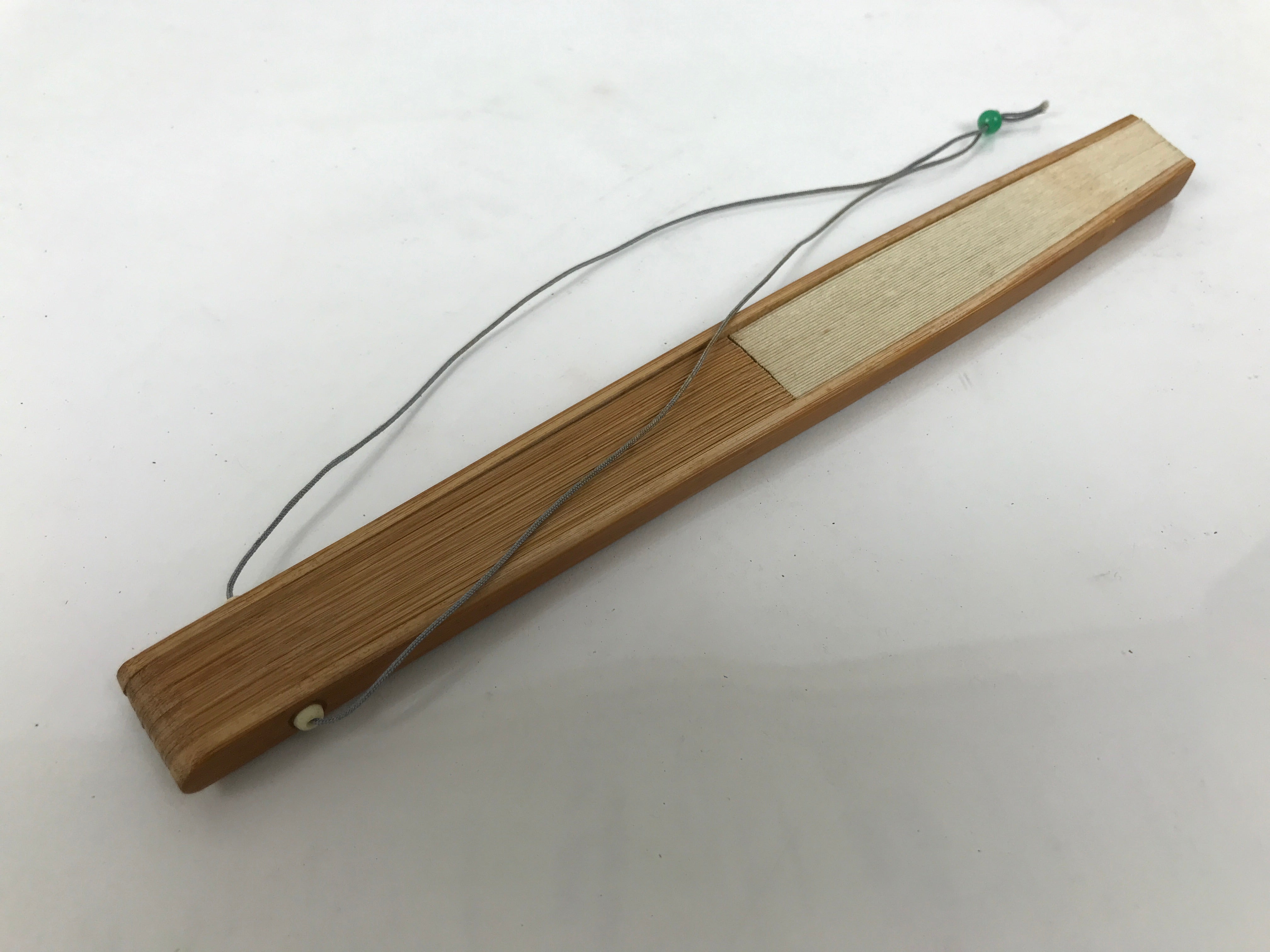 Japanese Paper Folding Fan Sensu Vtg Bamboo Frame Take Leaves Blue Beige 4D903