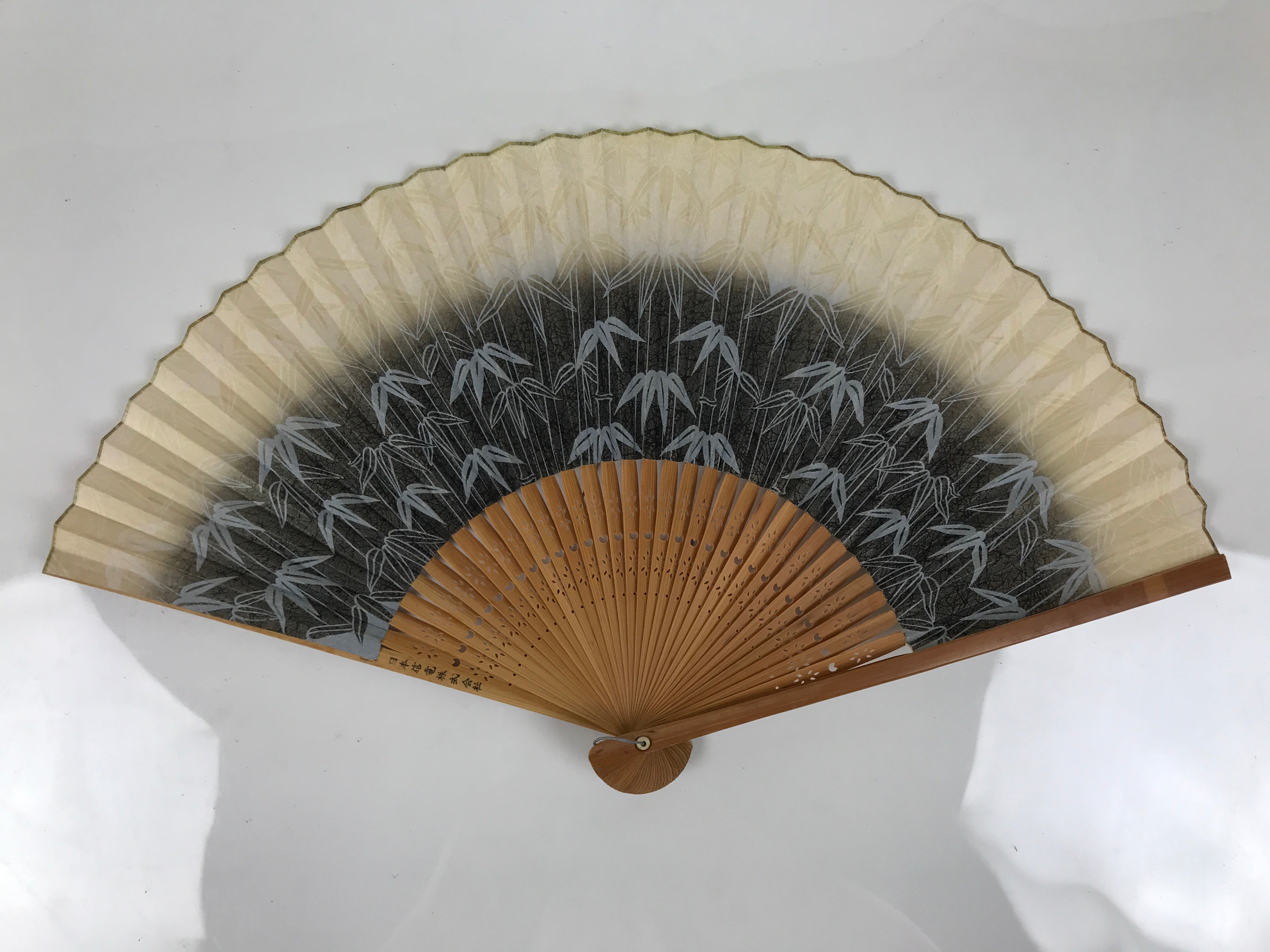 Japanese Paper Folding Fan Sensu Vtg Bamboo Frame Take Leaves Blue Beige 4D903