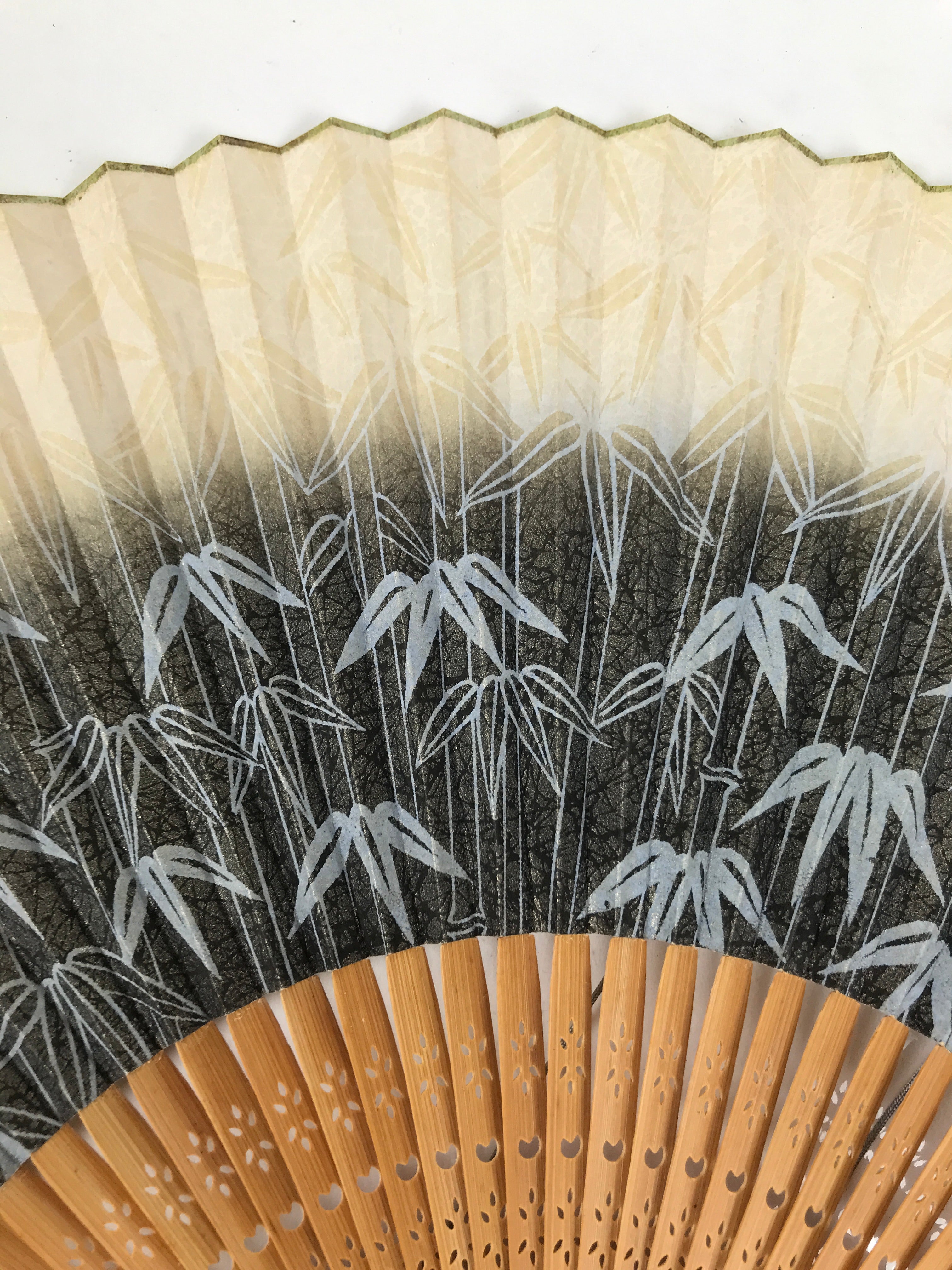 Japanese Paper Folding Fan Sensu Vtg Bamboo Frame Take Leaves Blue Beige 4D903