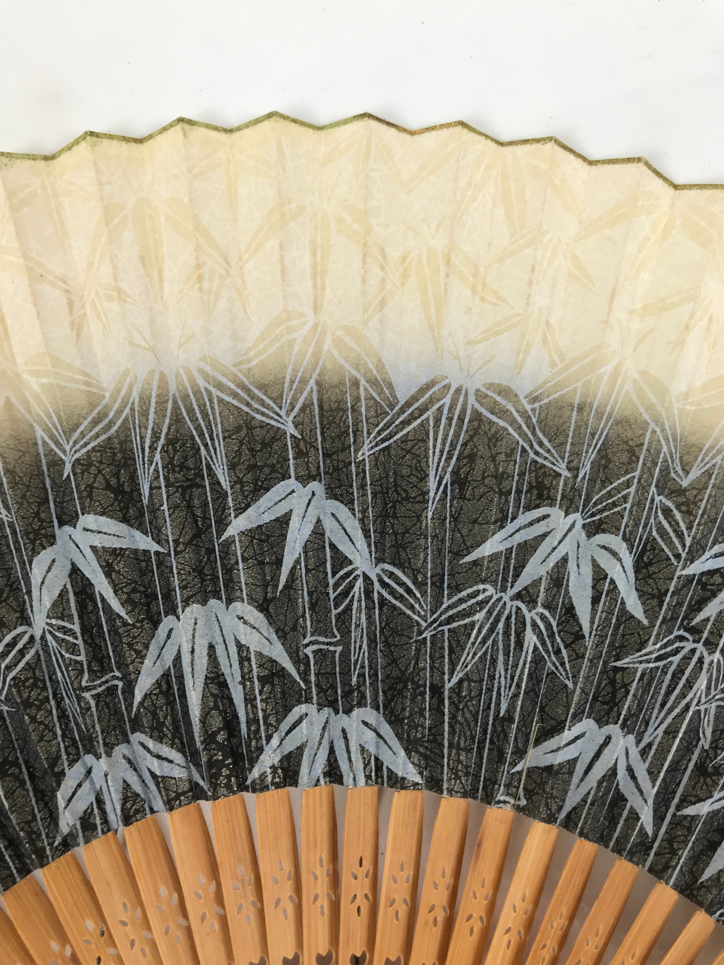 Japanese Paper Folding Fan Sensu Vtg Bamboo Frame Take Leaves Blue Beige 4D903