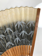Japanese Paper Folding Fan Sensu Vtg Bamboo Frame Take Leaves Blue Beige 4D903