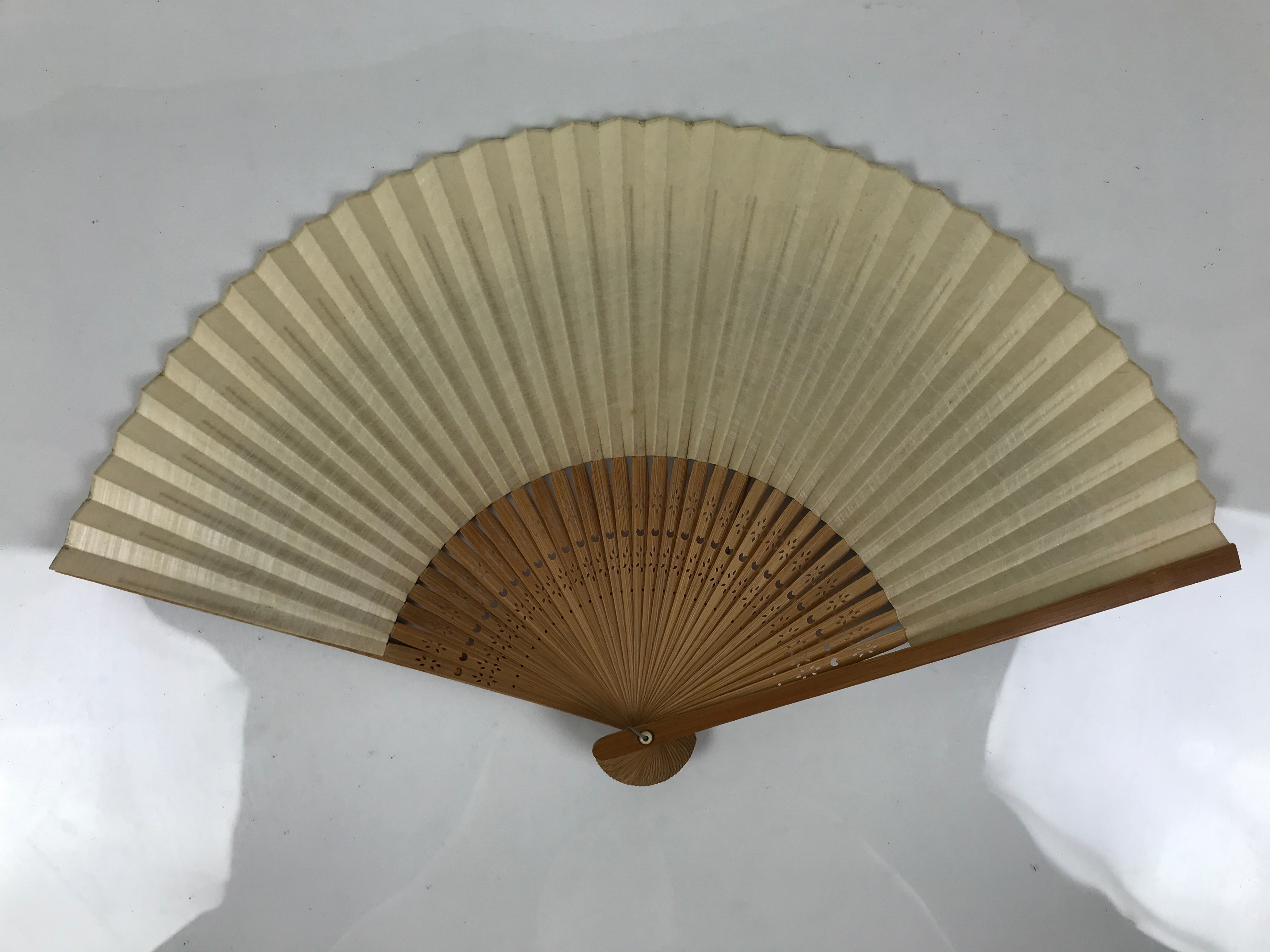 Japanese Paper Folding Fan Sensu Vtg Bamboo Frame Take Leaves Blue Beige 4D903