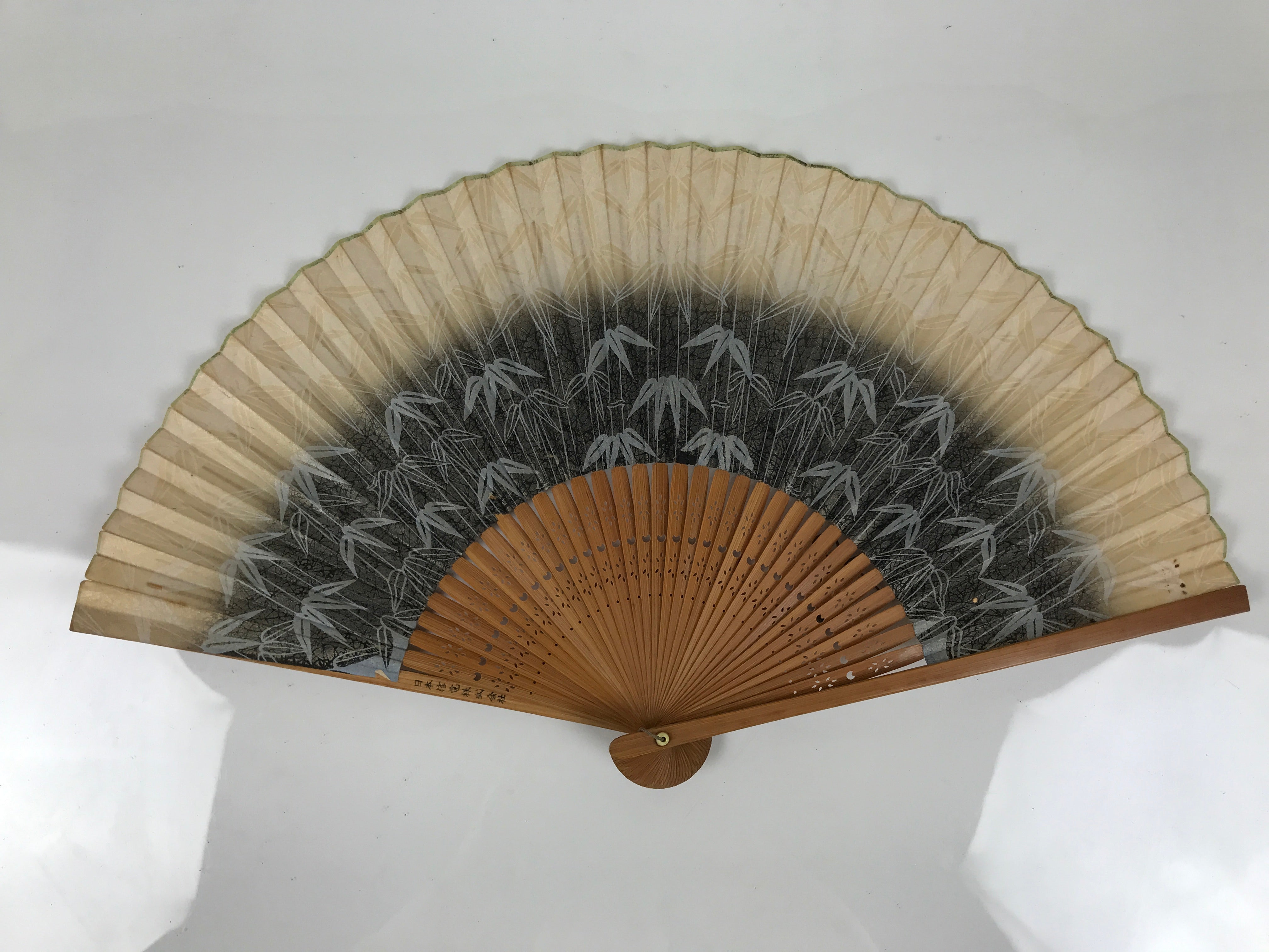 Japanese Paper Folding Fan Sensu Vtg Bamboo Frame Take Leaves Blue Beige 4D913