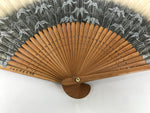 Japanese Paper Folding Fan Sensu Vtg Bamboo Frame Take Leaves Blue Beige 4D913