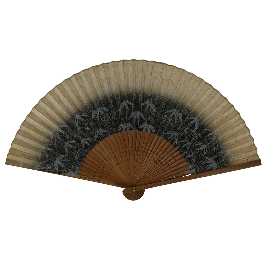 Japanese Paper Folding Fan Sensu Vtg Bamboo Frame Take Leaves Blue Beige 4D913