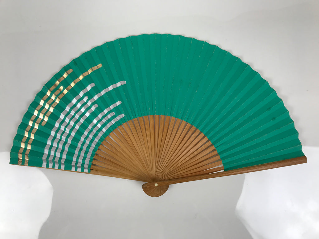 Japanese Paper Folding Fan Sensu Vtg Bamboo Frame Teal Silver Gold Lines 4D977