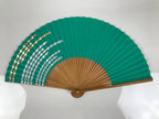 Japanese Paper Folding Fan Sensu Vtg Bamboo Frame Teal Silver Gold Lines 4D977