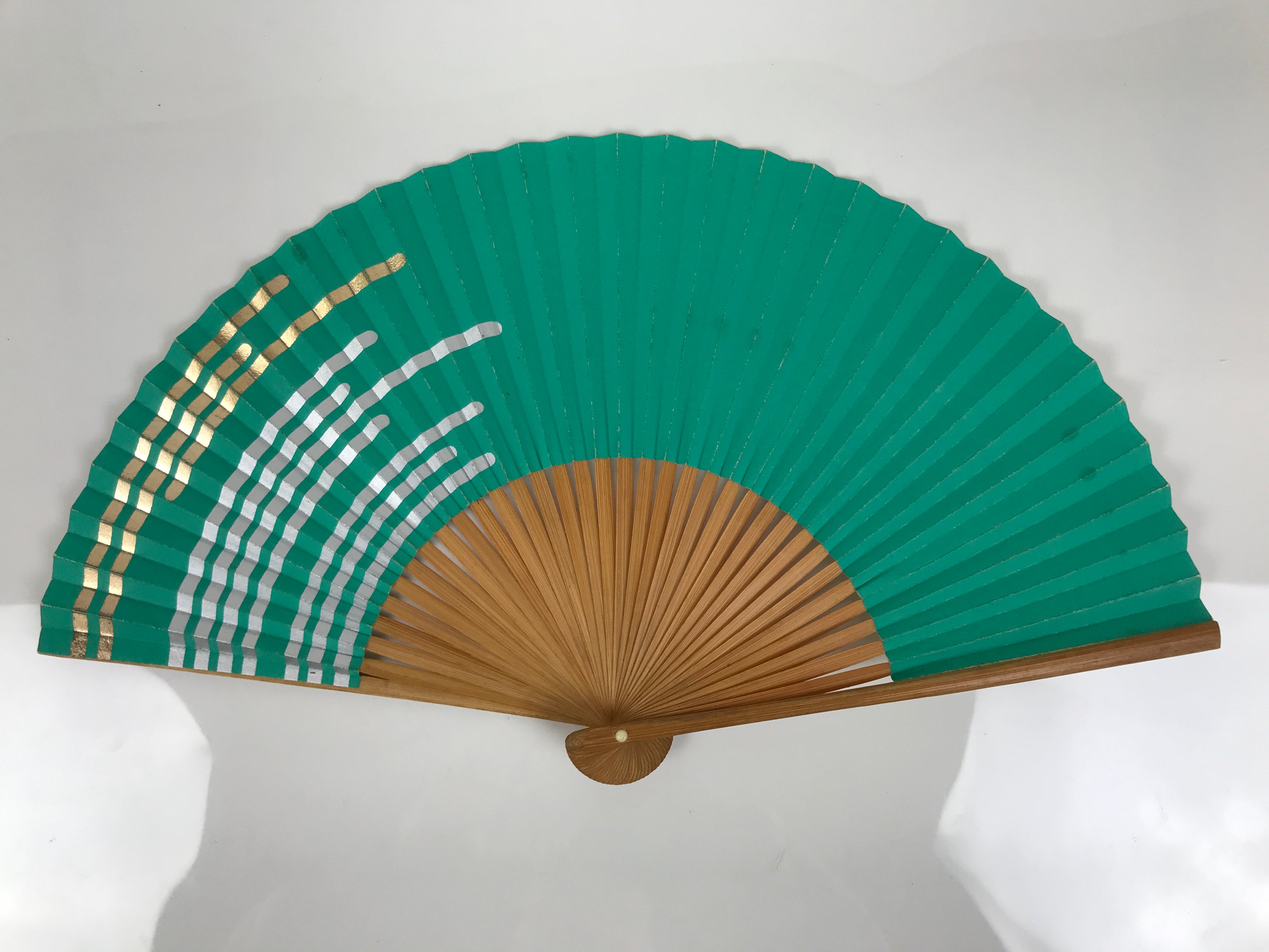 Japanese Paper Folding Fan Sensu Vtg Bamboo Frame Teal Silver Gold Lines 4D977