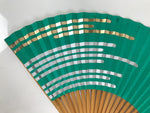 Japanese Paper Folding Fan Sensu Vtg Bamboo Frame Teal Silver Gold Lines 4D977