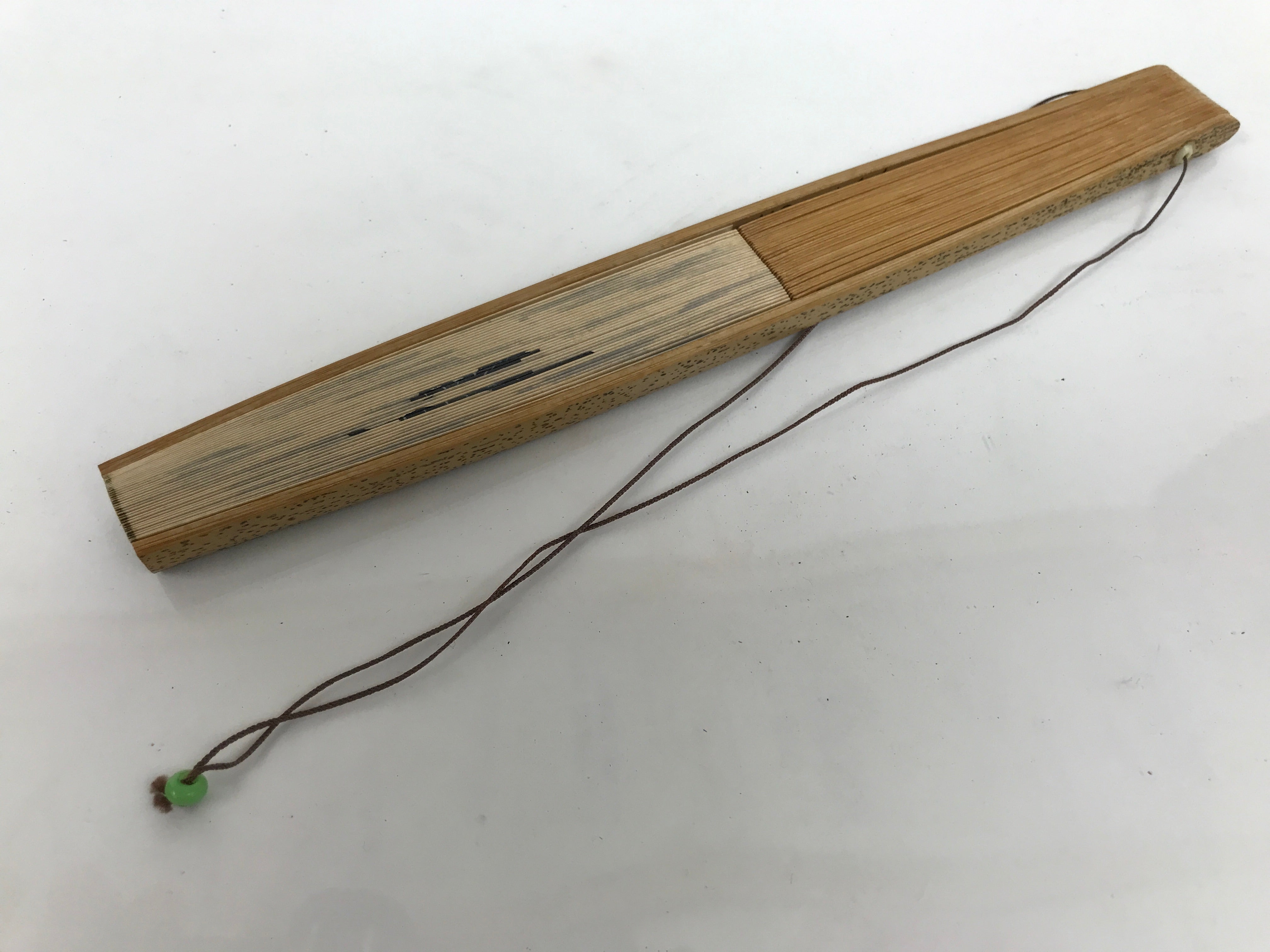 Japanese Paper Folding Fan Sensu Vtg Bamboo Frame Two Leaves Blue Beige 4D908