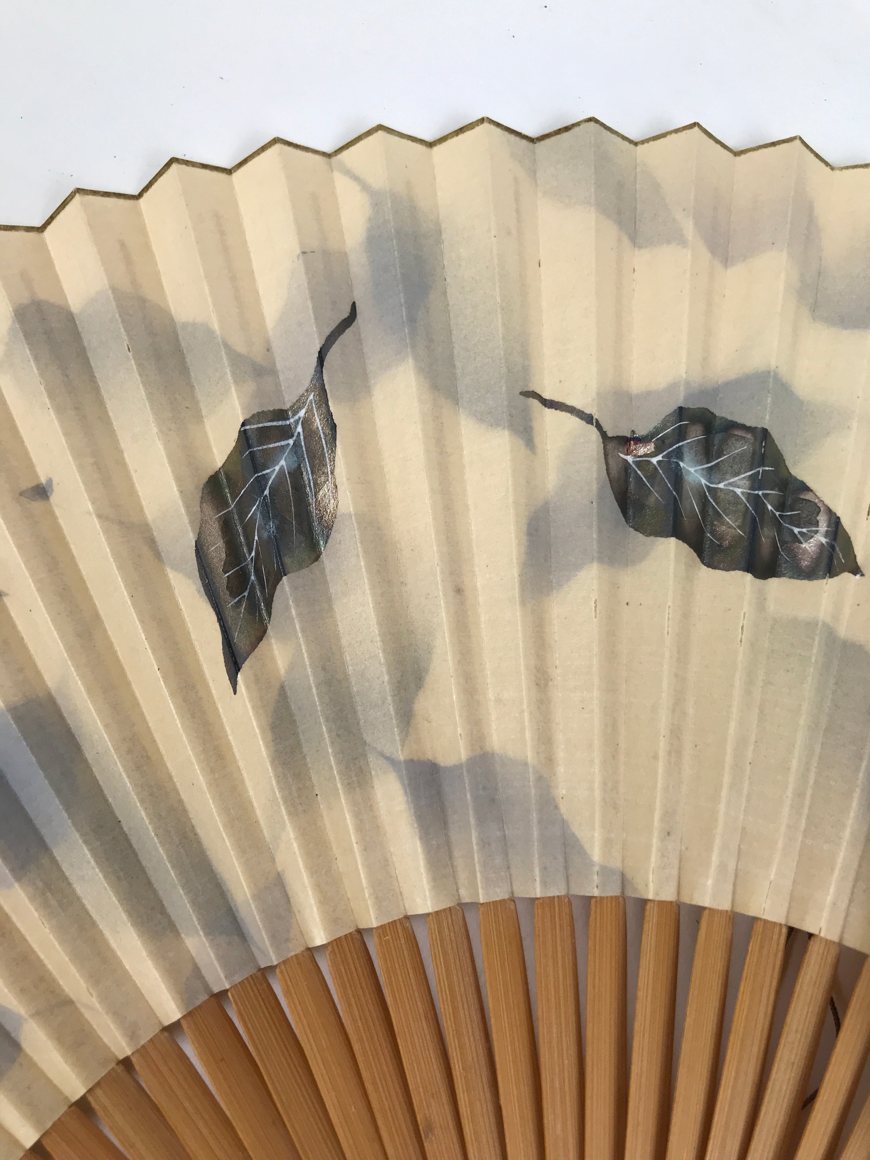 Japanese Paper Folding Fan Sensu Vtg Bamboo Frame Two Leaves Blue Beige 4D908