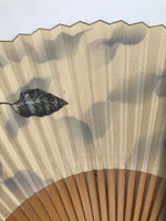 Japanese Paper Folding Fan Sensu Vtg Bamboo Frame Two Leaves Blue Beige 4D908