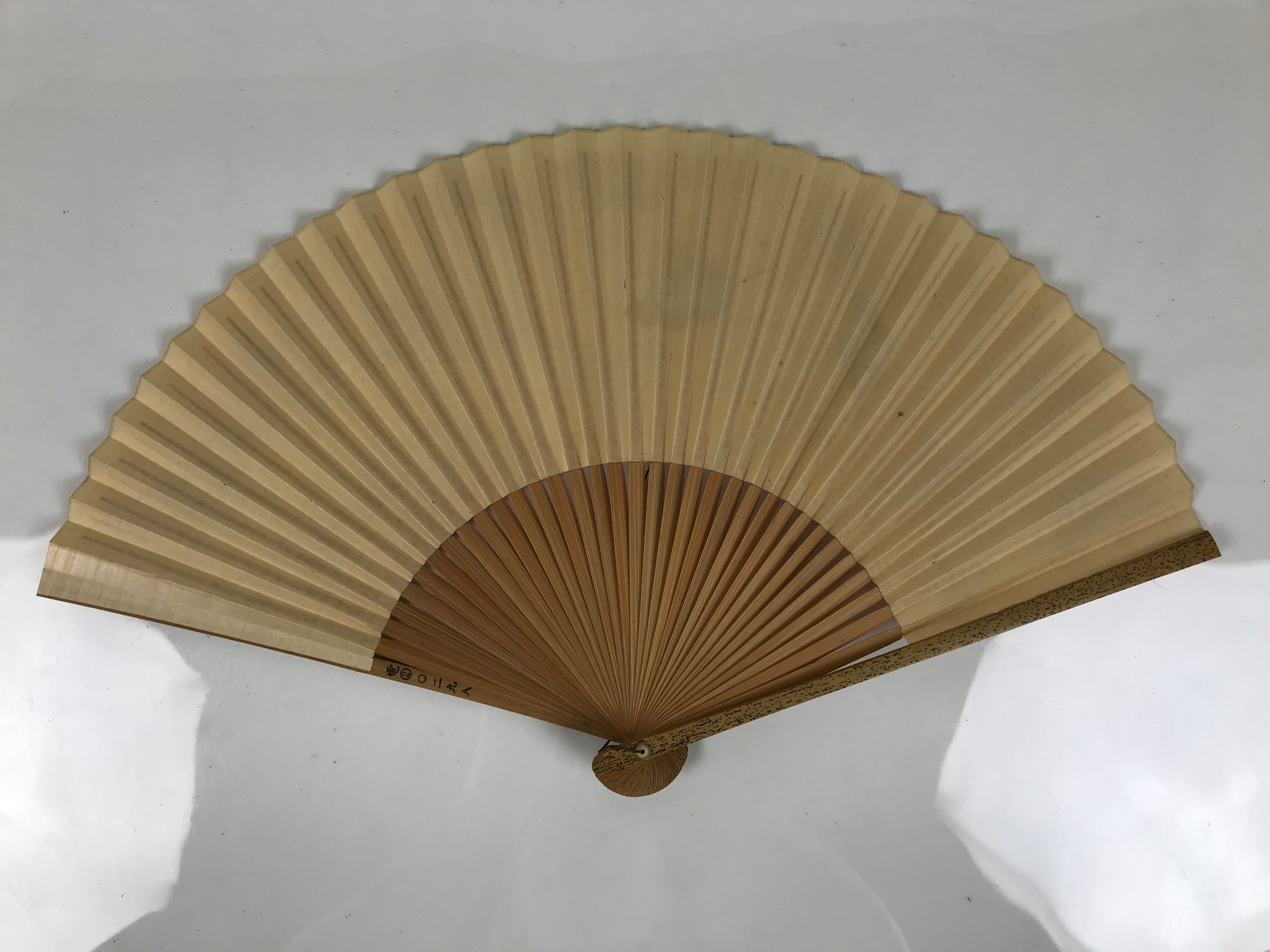Japanese Paper Folding Fan Sensu Vtg Bamboo Frame Two Leaves Blue Beige 4D908