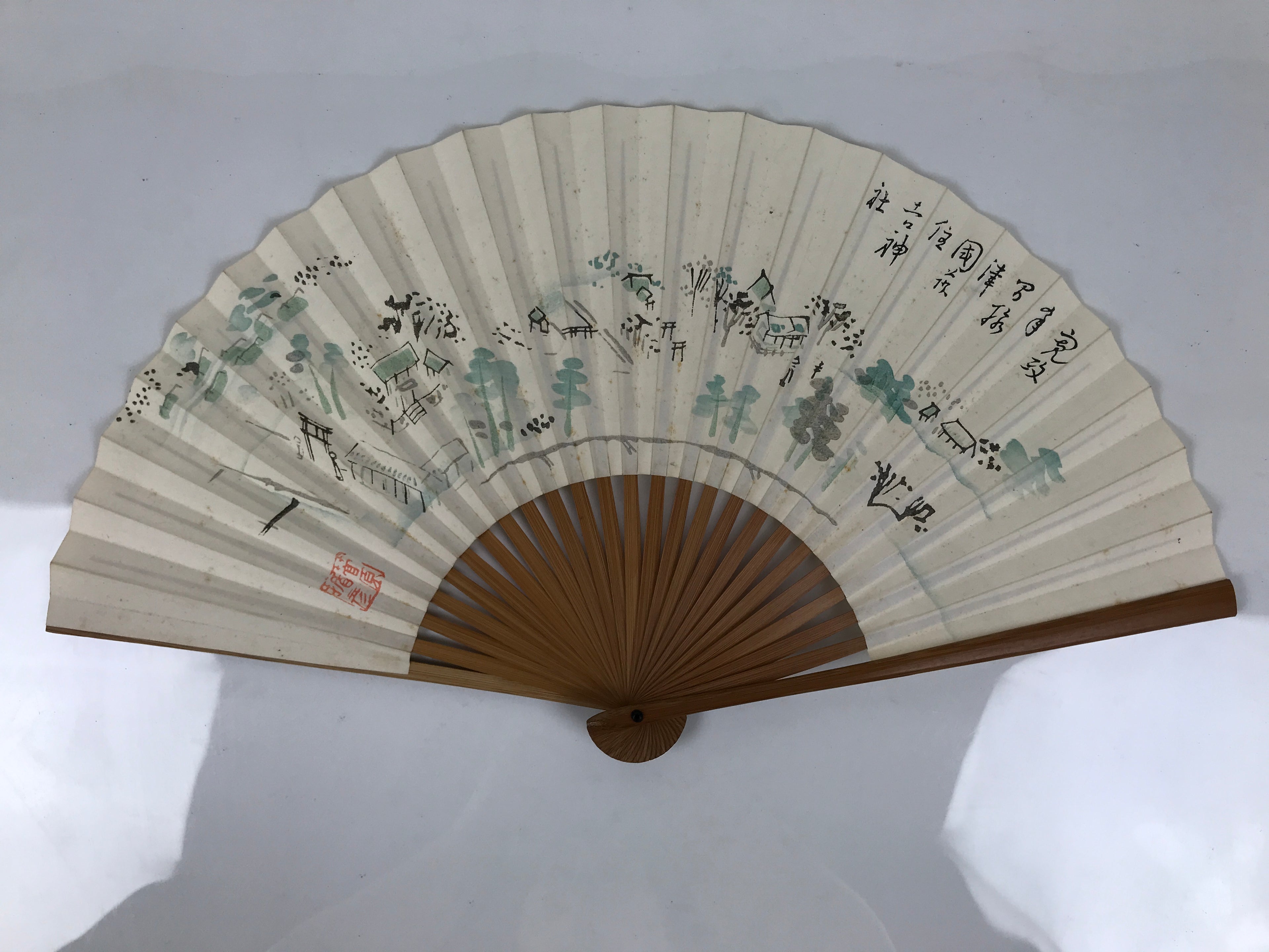 Japanese Paper Folding Fan Sensu Vtg Bamboo Frame Village Calligraphy 4D937