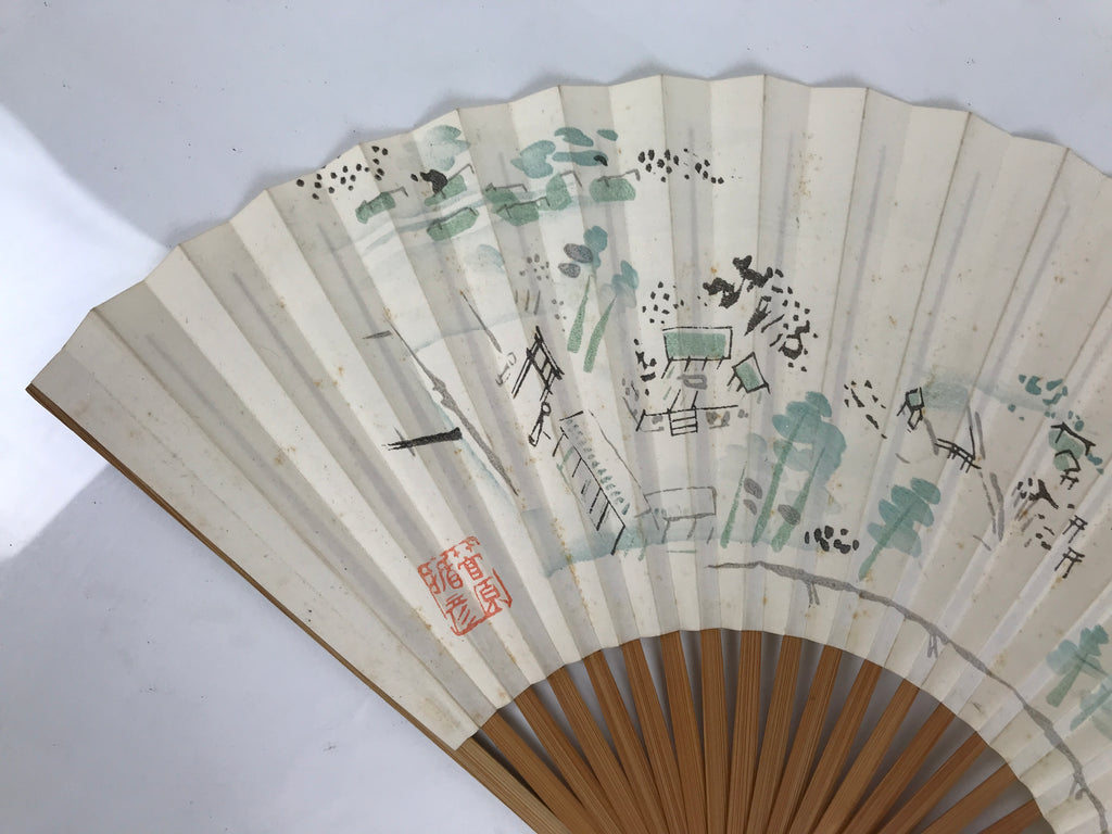 Japanese Paper Folding Fan Sensu Vtg Bamboo Frame Village Calligraphy 4D937