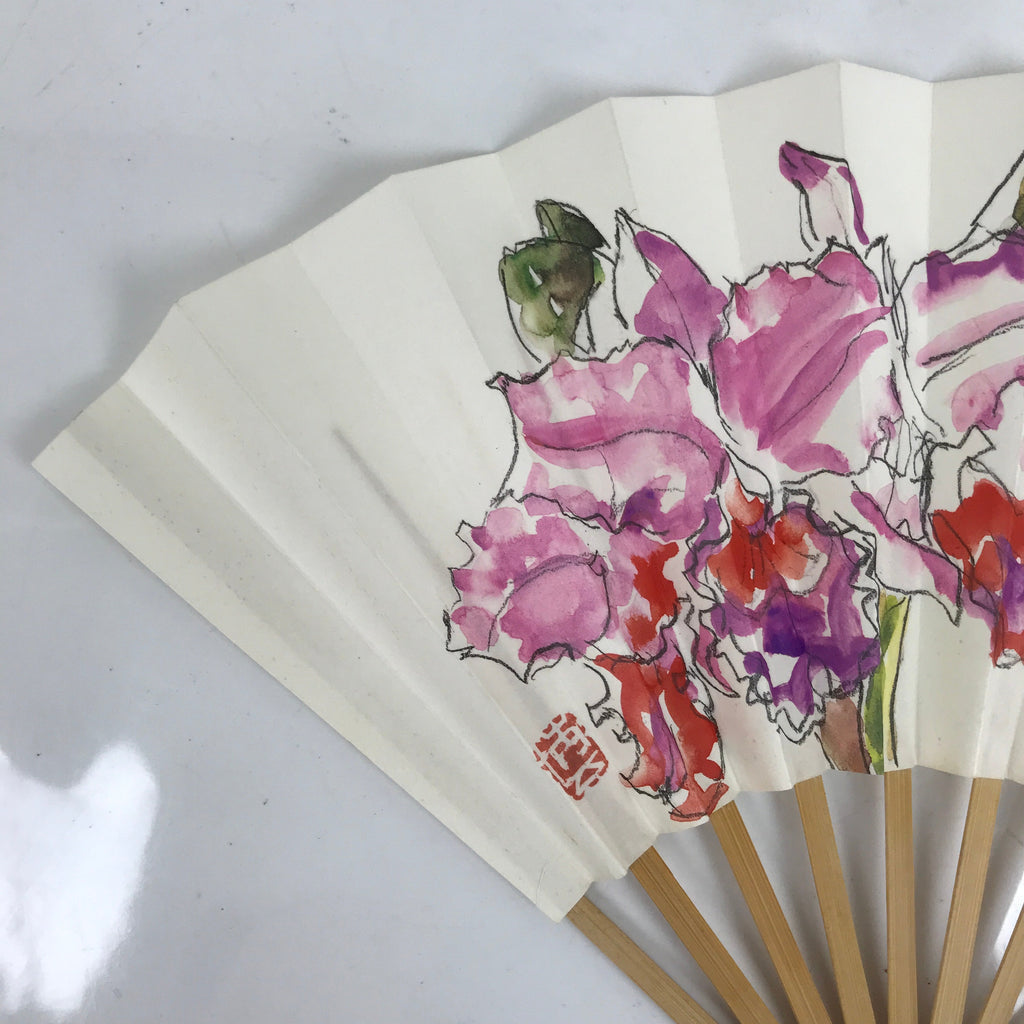 Japanese Paper Folding Fan Sensu Vtg Bamboo Frame Watercolor Flower Purple 4D868