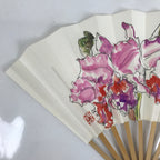 Japanese Paper Folding Fan Sensu Vtg Bamboo Frame Watercolor Flower Purple 4D868