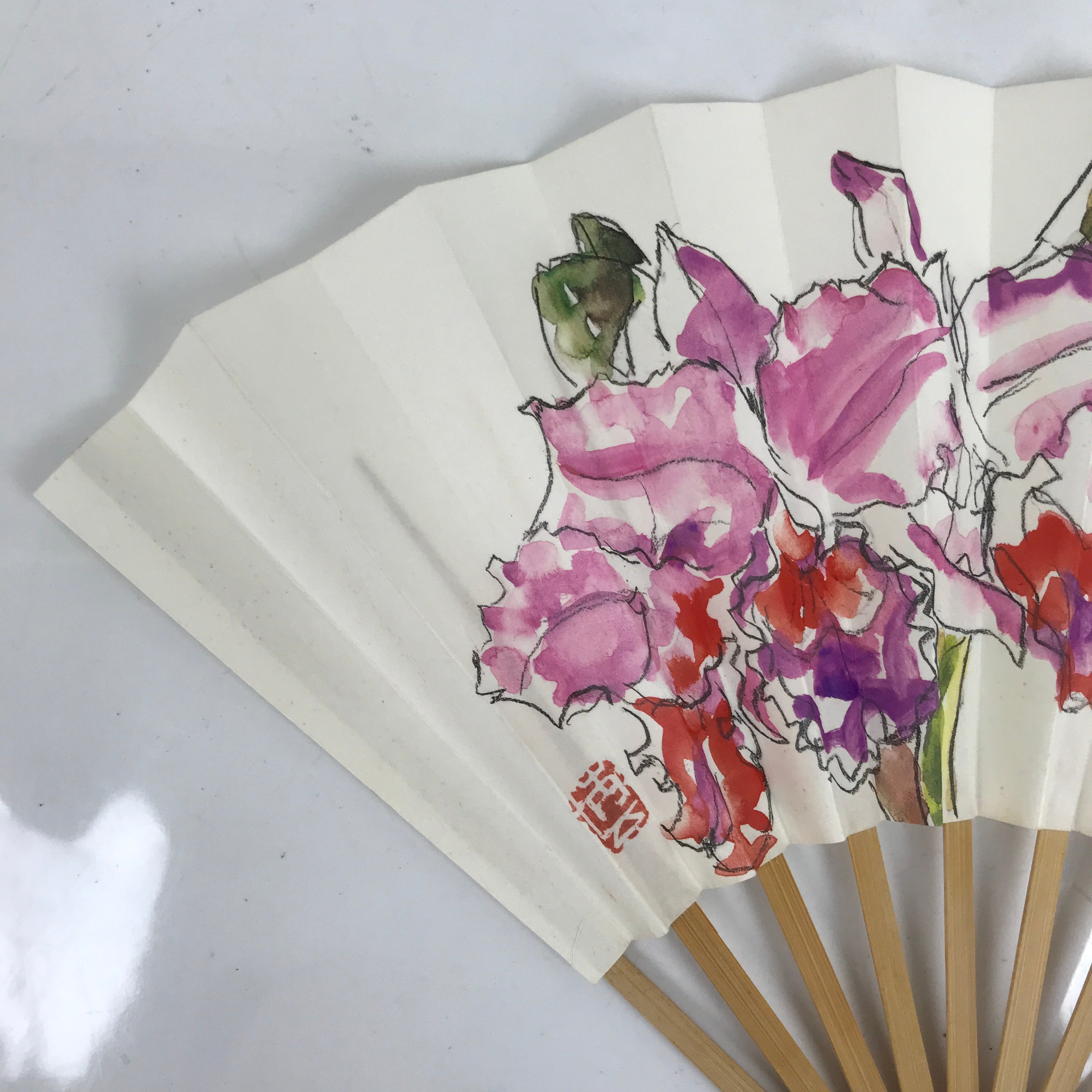 Japanese Paper Folding Fan Sensu Vtg Bamboo Frame Watercolor Flower Purple 4D868