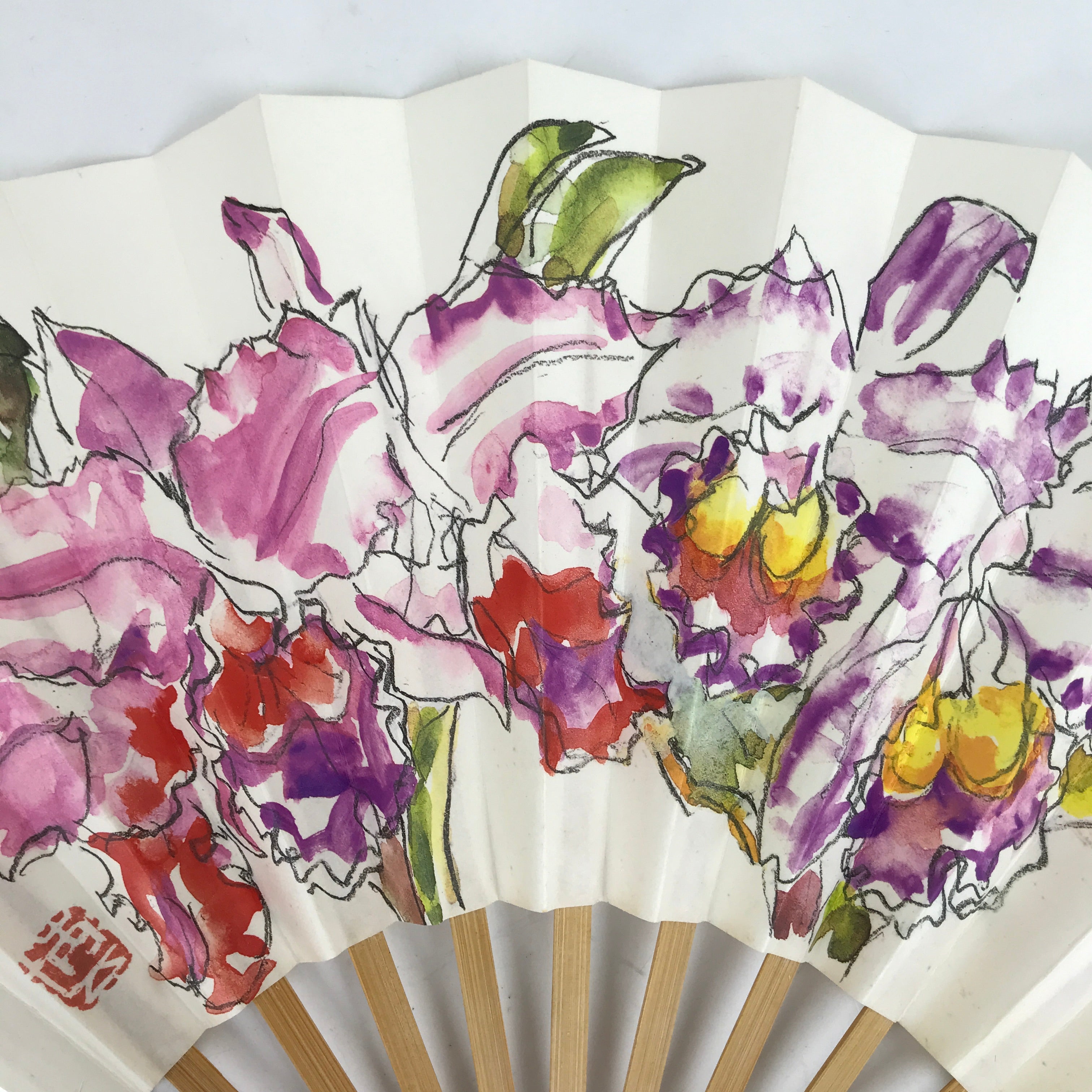 Japanese Paper Folding Fan Sensu Vtg Bamboo Frame Watercolor Flower Purple 4D868